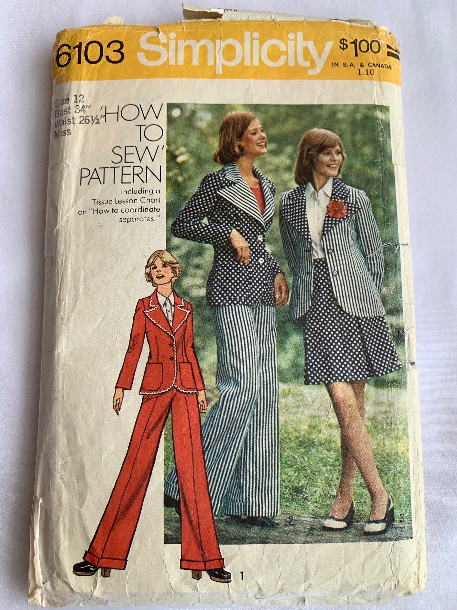 Simplicity Sewing Pattern 6103 Misses' Unlined Jacket, Skirt, Pants, Collar, Pockets, Size 12, Cut, Vintage 1973