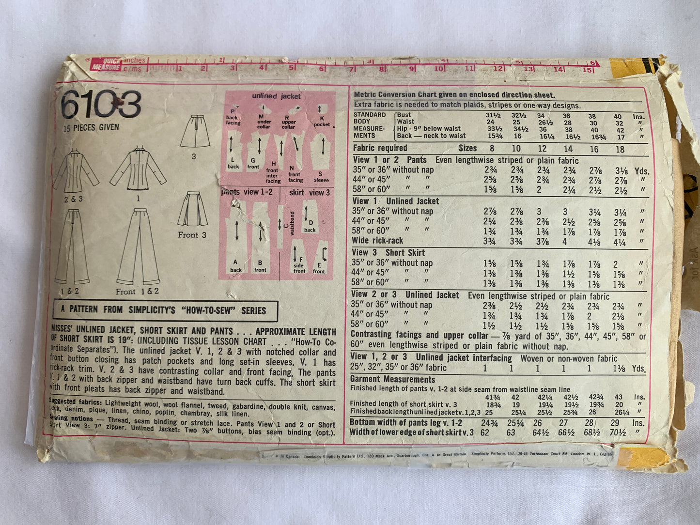 Simplicity Sewing Pattern 6103 Misses' Unlined Jacket, Skirt, Pants, Collar, Pockets, Size 12, Cut, Vintage 1973