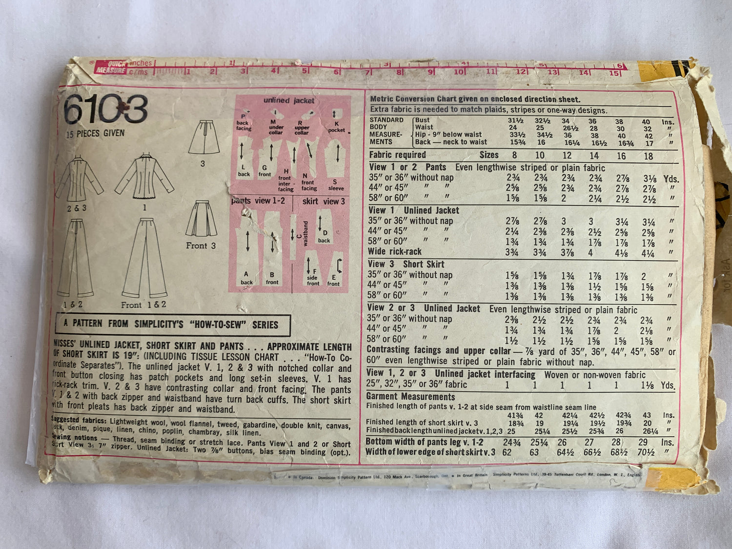 Simplicity Sewing Pattern 6103 Misses' Unlined Jacket, Skirt, Pants, Collar, Pockets, Size 12, Cut, Vintage 1973