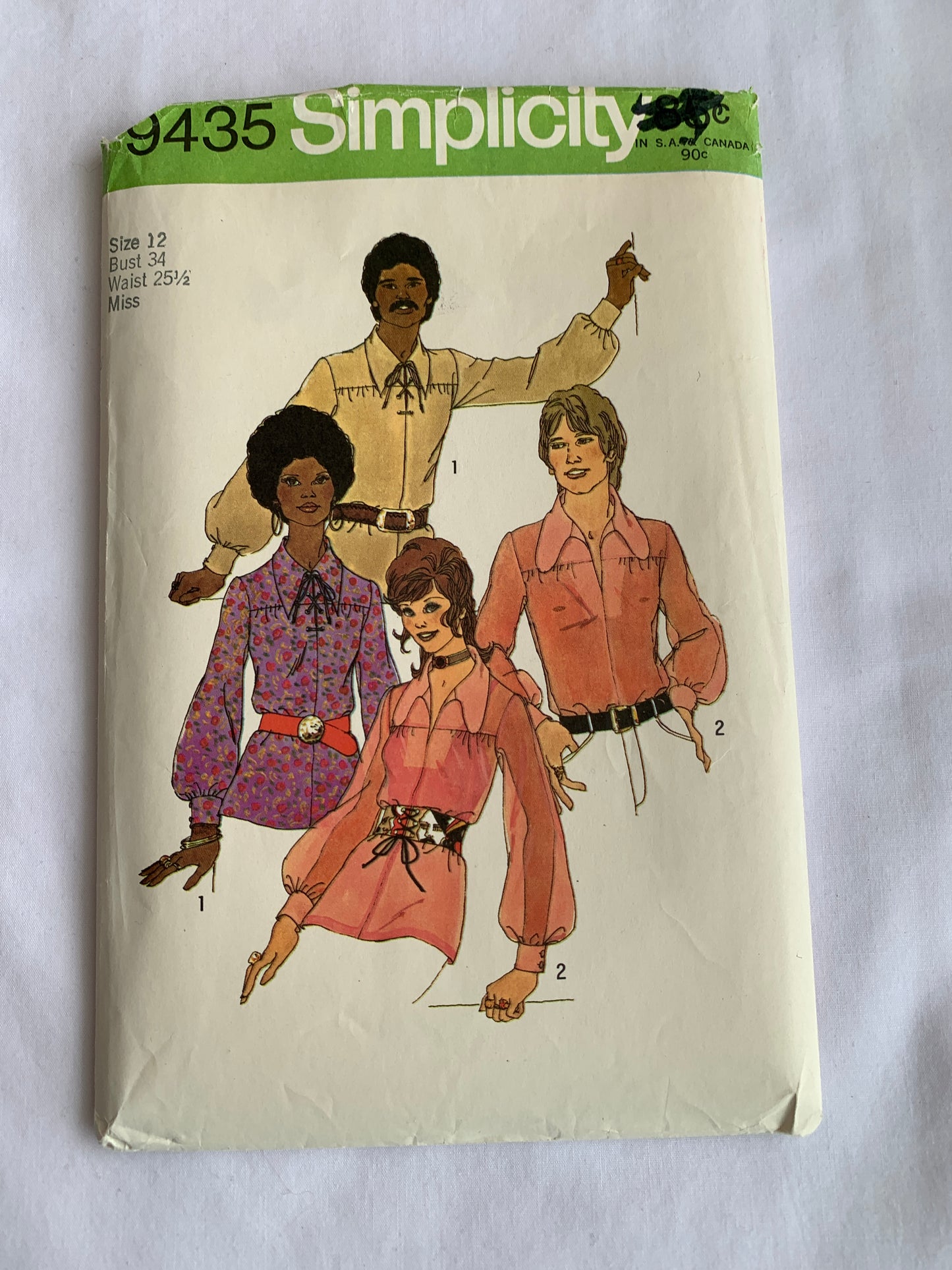 Simplicity Sewing Pattern 9435 Misses'/Men's Shirt, Two Collars, Long Sleeves, Size 12, Cut, Vintage 1971