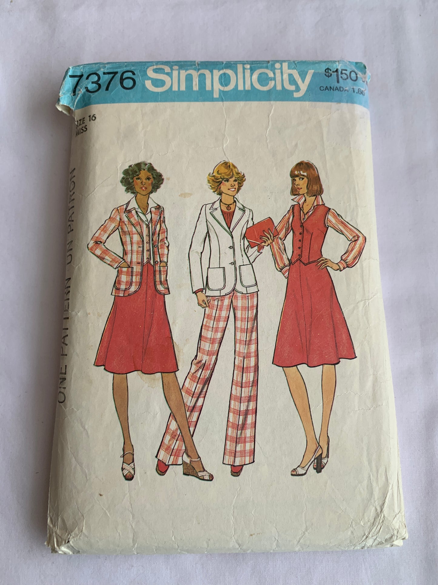 Simplicity Sewing Pattern 7376 Misses' Unlined Jacket, Vest, Skirt, Pants, Zipper Back, Princess Seams, Size 16, Cut, 1976