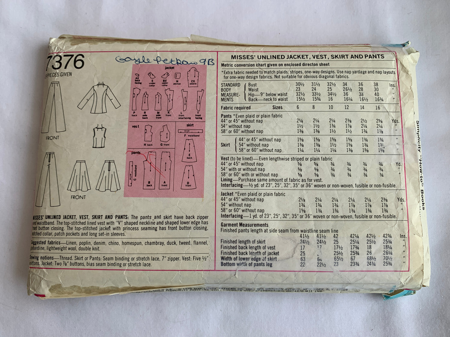 Simplicity Sewing Pattern 7376 Misses' Unlined Jacket, Vest, Skirt, Pants, Zipper Back, Princess Seams, Size 16, Cut, 1976