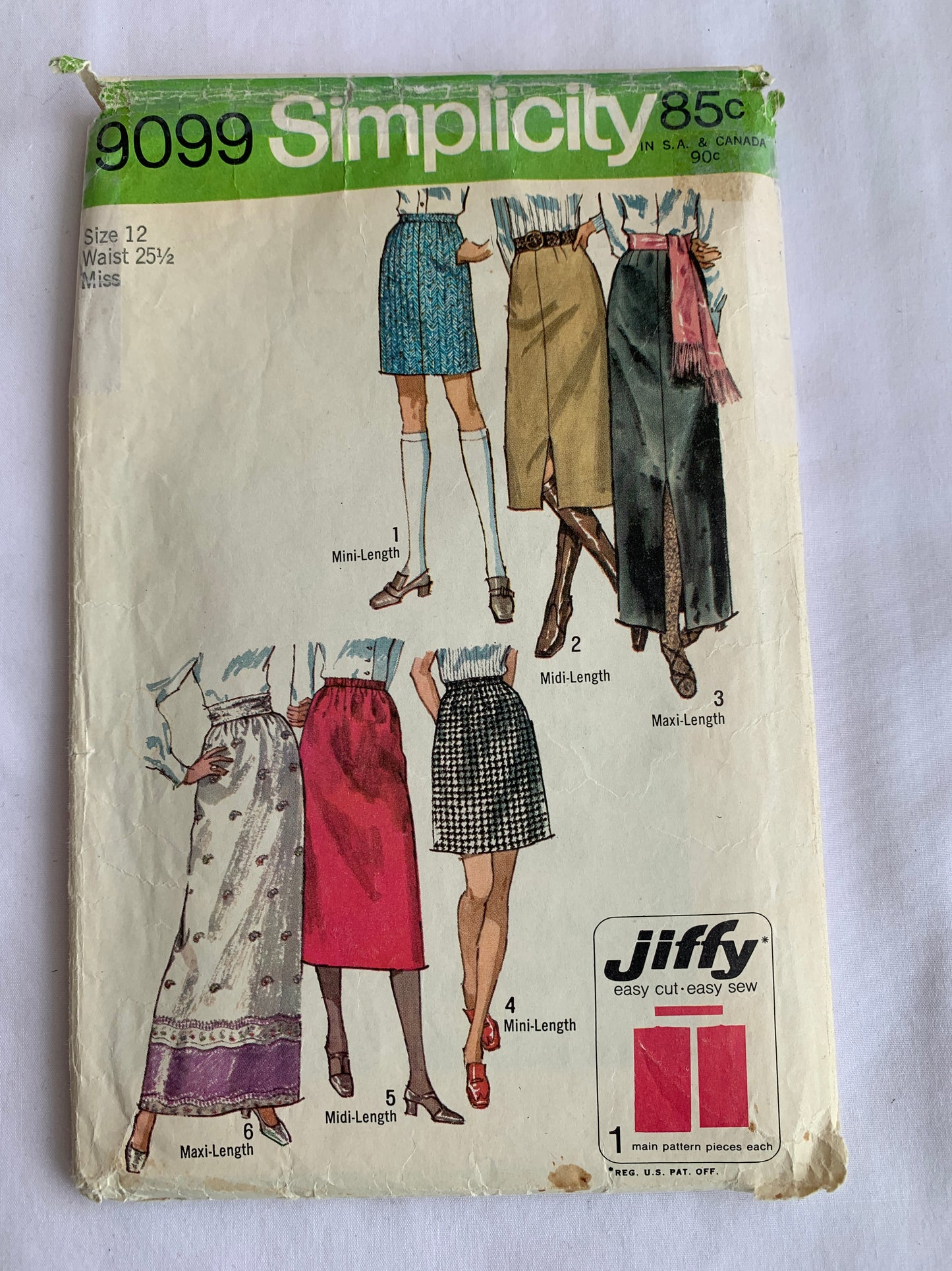 Simplicity Jiffy Sewing Pattern 9099 Misses' Skirt, Three Lengths, Zipper Back, Pockets, Waistband, Ladies, Size 12, Cut, Vintage 1971