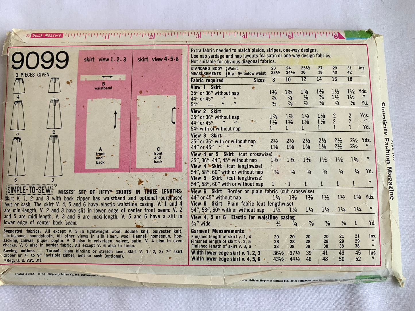 Simplicity Jiffy Sewing Pattern 9099 Misses' Skirt, Three Lengths, Zipper Back, Pockets, Waistband, Ladies, Size 12, Cut, Vintage 1971