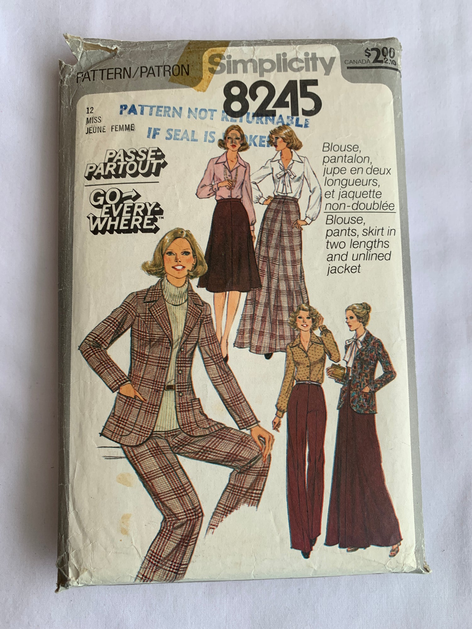 Simplicity Sewing Pattern 8245 Misses' Skirt, Two Lengths, Blouse, Pants, Long Sleeves, Button Front, Collar, Size 12, Cut, Vintage 1977