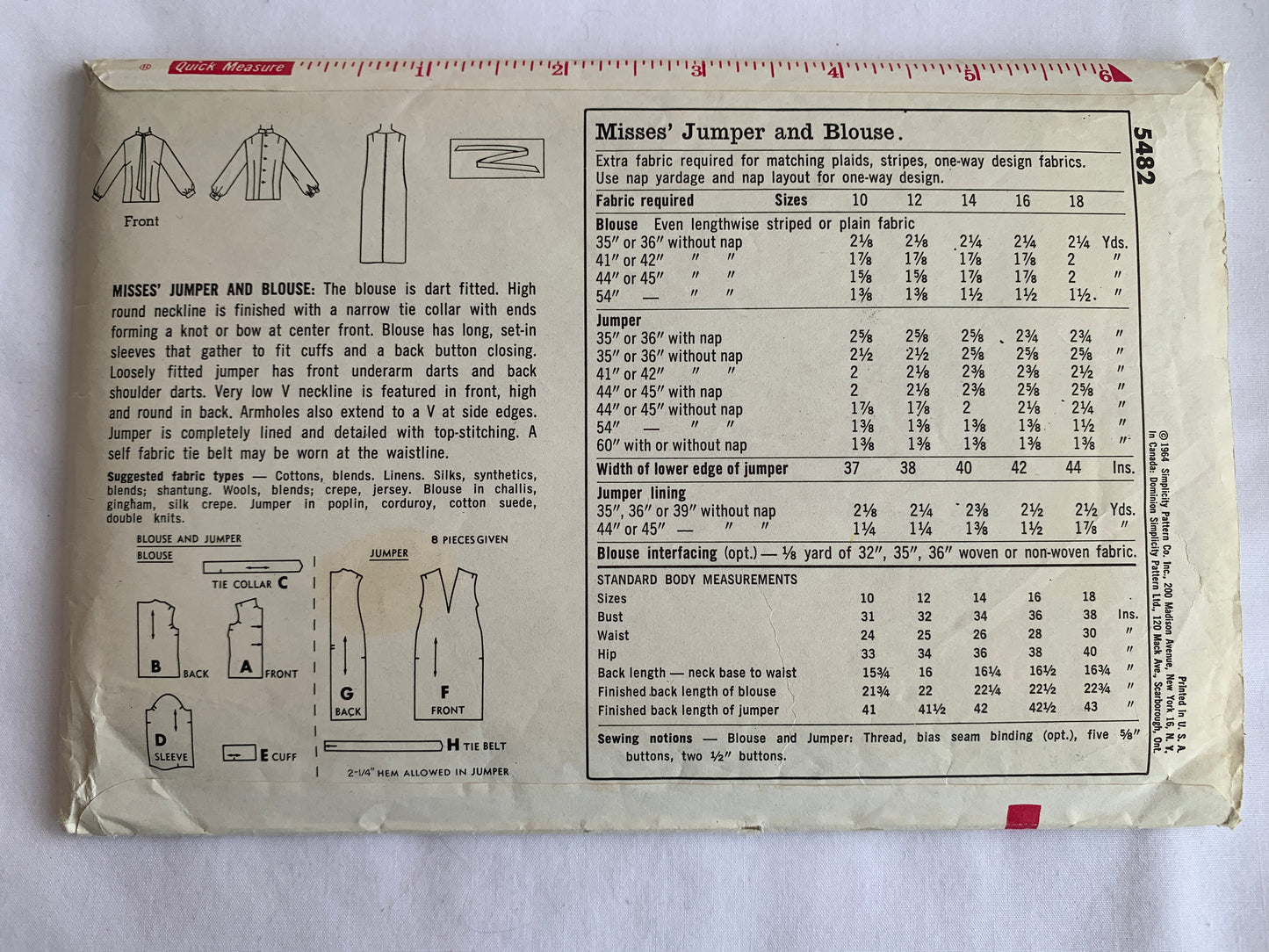 Simplicity Sewing Pattern 5482 Misses' Dress, Jumper, Blouse, Ties, Long Sleeves, Sleeveless, Size 14, Cut, Vintage 1964