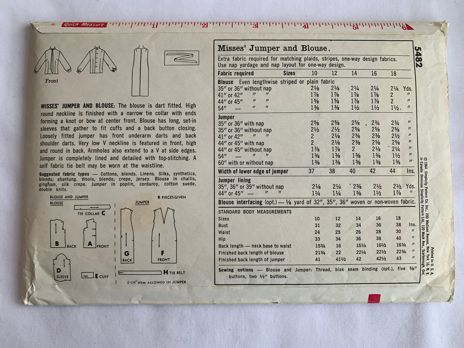 Simplicity Sewing Pattern 5482 Misses' Dress, Jumper, Blouse, Ties, Long Sleeves, Sleeveless, Size 14, Cut, Vintage 1964