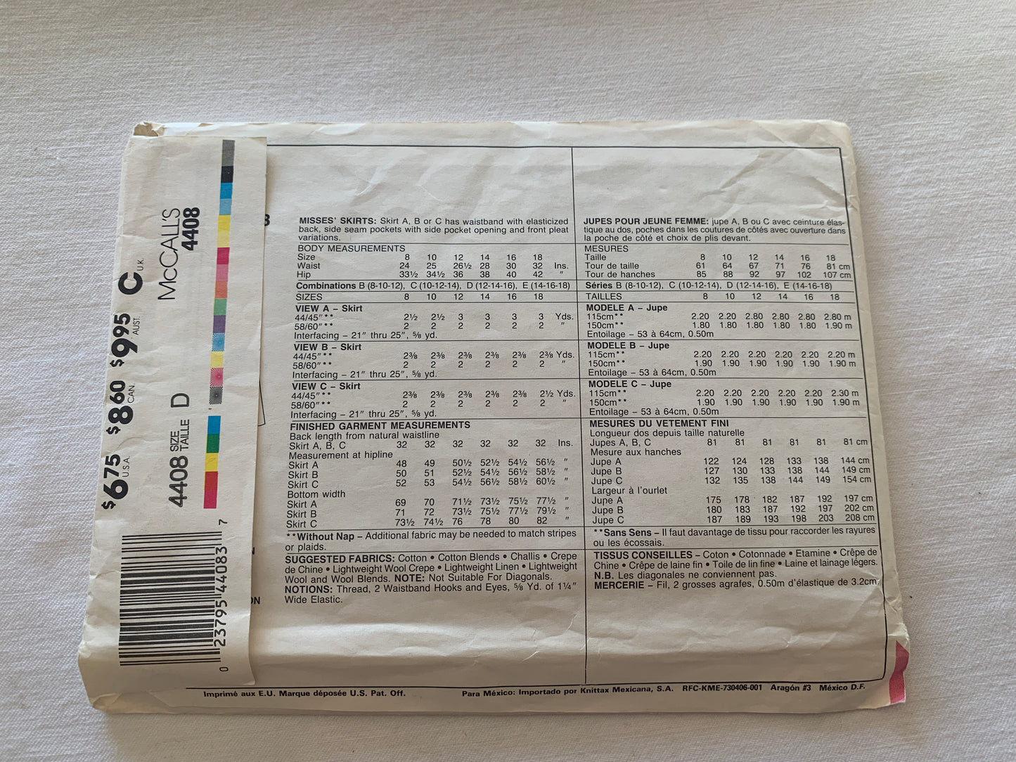 McCall's Sewing Pattern 4408 Misses' Skirt, Pockets, Pleats, Elastic Waist, Size 12-16, Uncut, Vintage 1989
