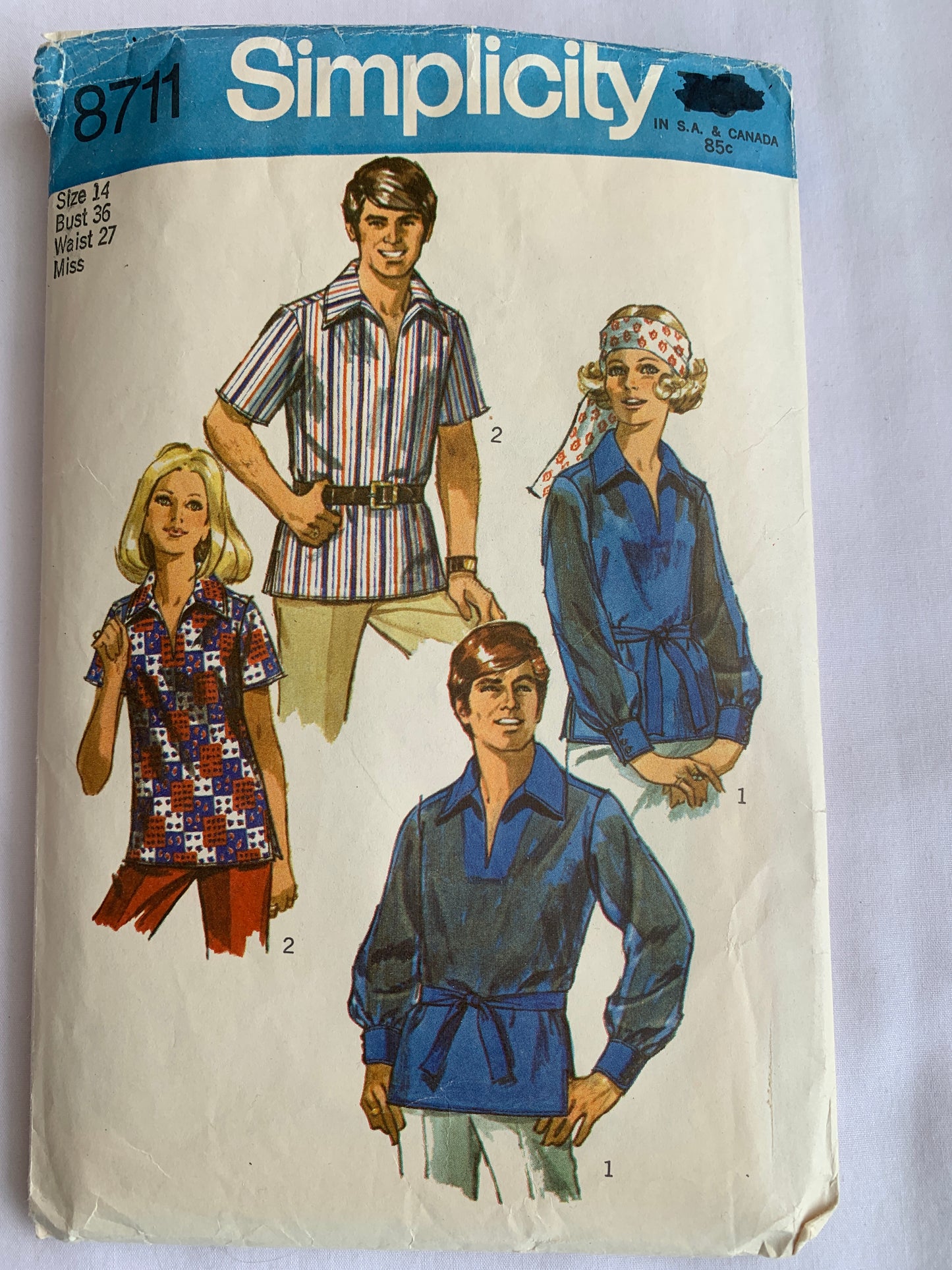 Simplicity Sewing Pattern 8711 Misses'/Men's Shirt, 2 Variations, Pullover, Collar, Tie Belt, Size 14, Cut, Vintage 1970