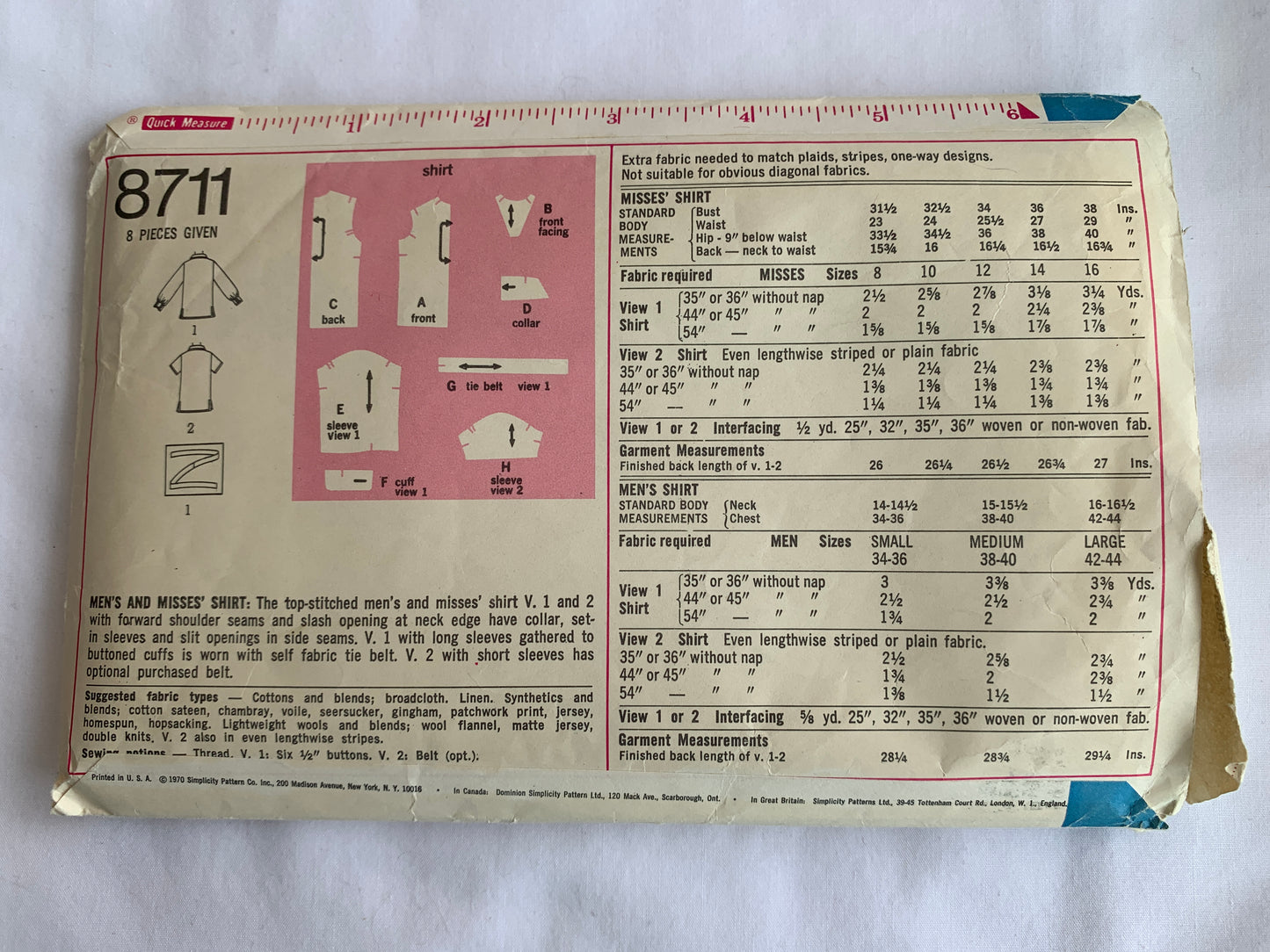 Simplicity Sewing Pattern 8711 Misses'/Men's Shirt, 2 Variations, Pullover, Collar, Tie Belt, Size 14, Cut, Vintage 1970
