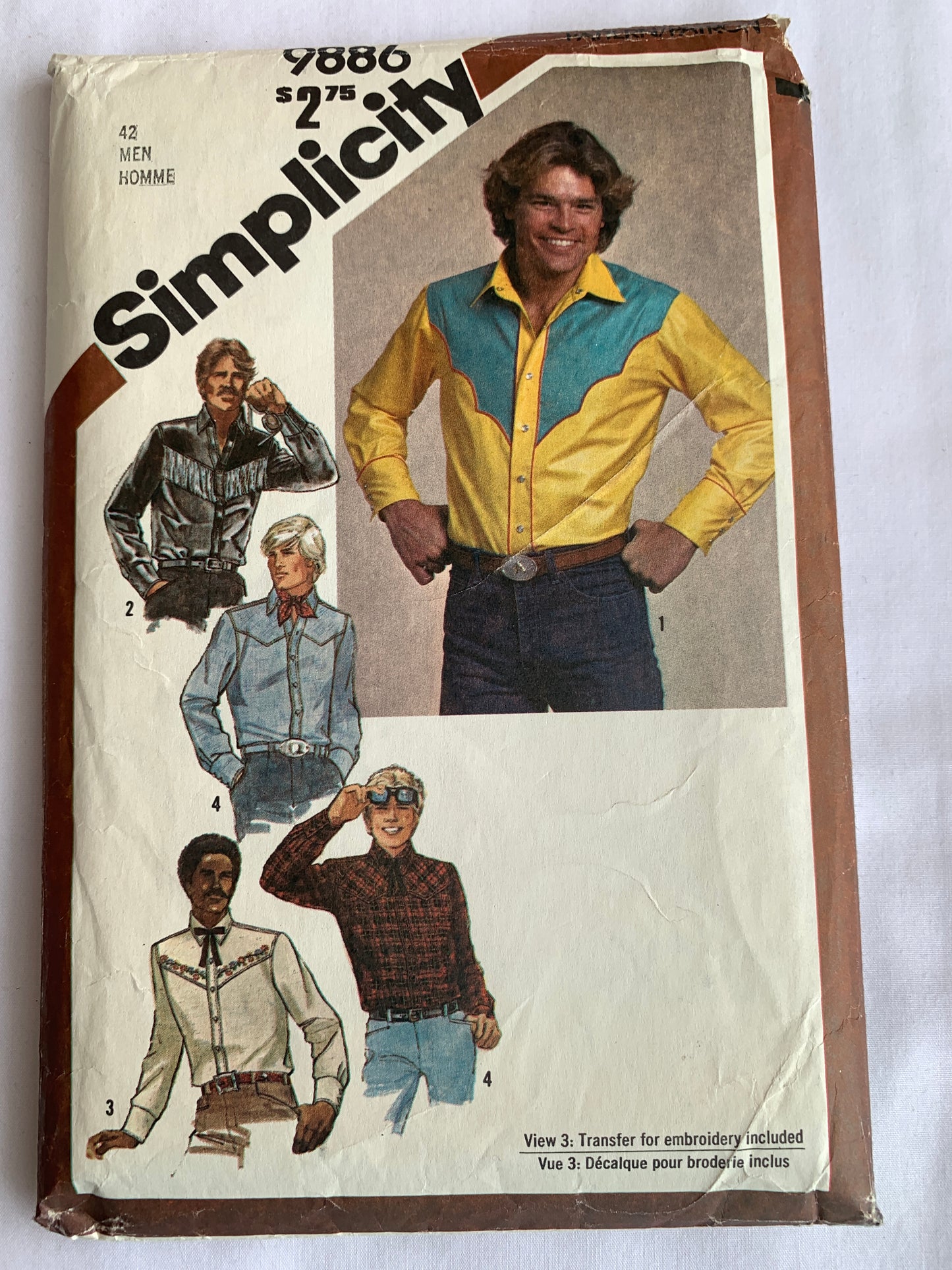 Simplicity Sewing Pattern 9886 Men's Western Shirts, Scarf, Tie, Long Sleeves, Button/Snap Front, Size 42, Cut, Vintage 1980