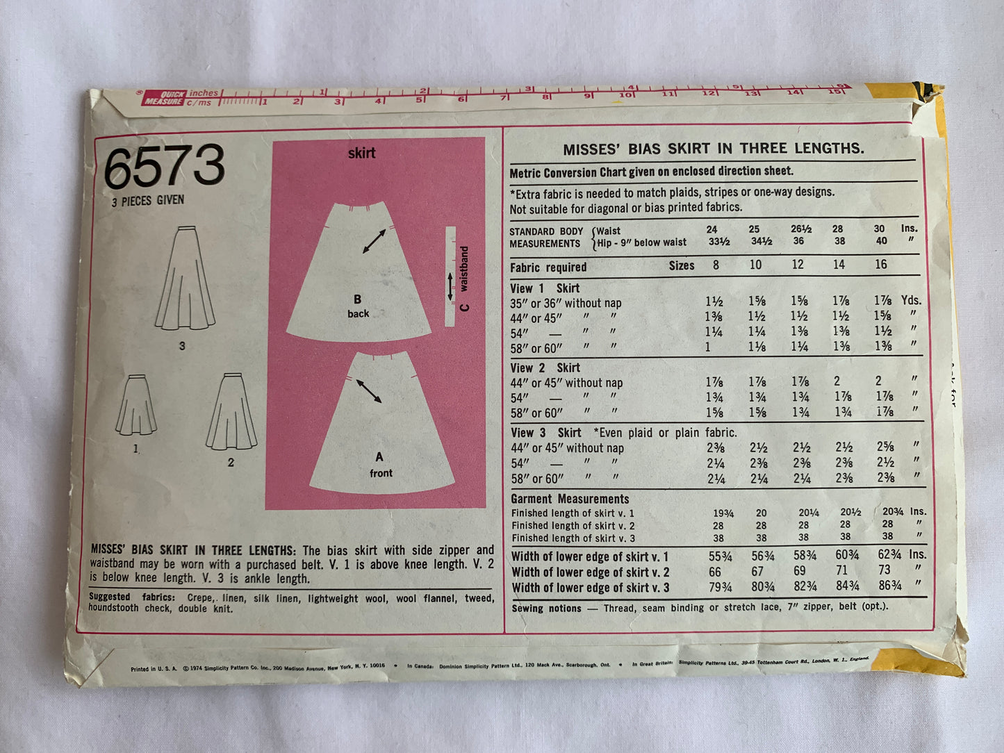 Simplicity Sewing Pattern 9765 Misses' Skirts, Bias, Side Zipper, Three Lengths, Size 10, Cut, Vintage 1974