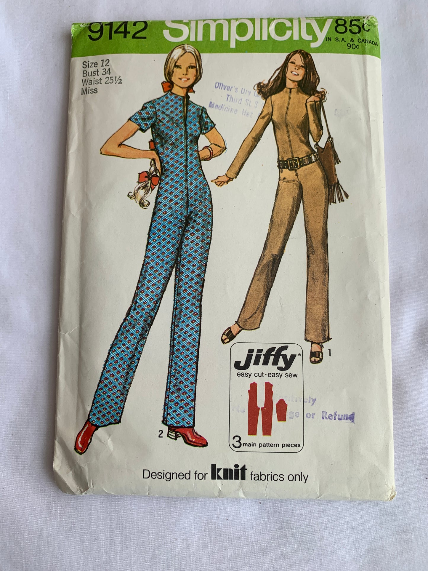 Simplicity Sewing Pattern Jiffy 9142 Misses' Jumpsuit, Zipper Front, Knits Only, Long/Short Size 10, Cut, Vintage 1970