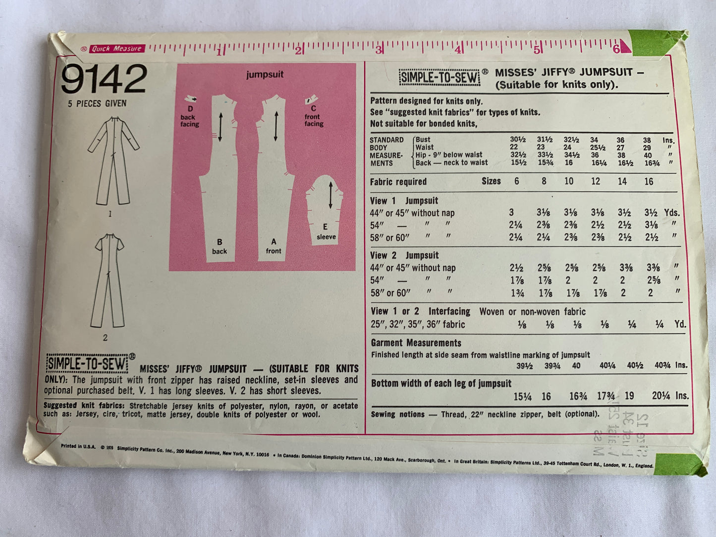 Simplicity Sewing Pattern Jiffy 9142 Misses' Jumpsuit, Zipper Front, Knits Only, Long/Short Size 10, Cut, Vintage 1970