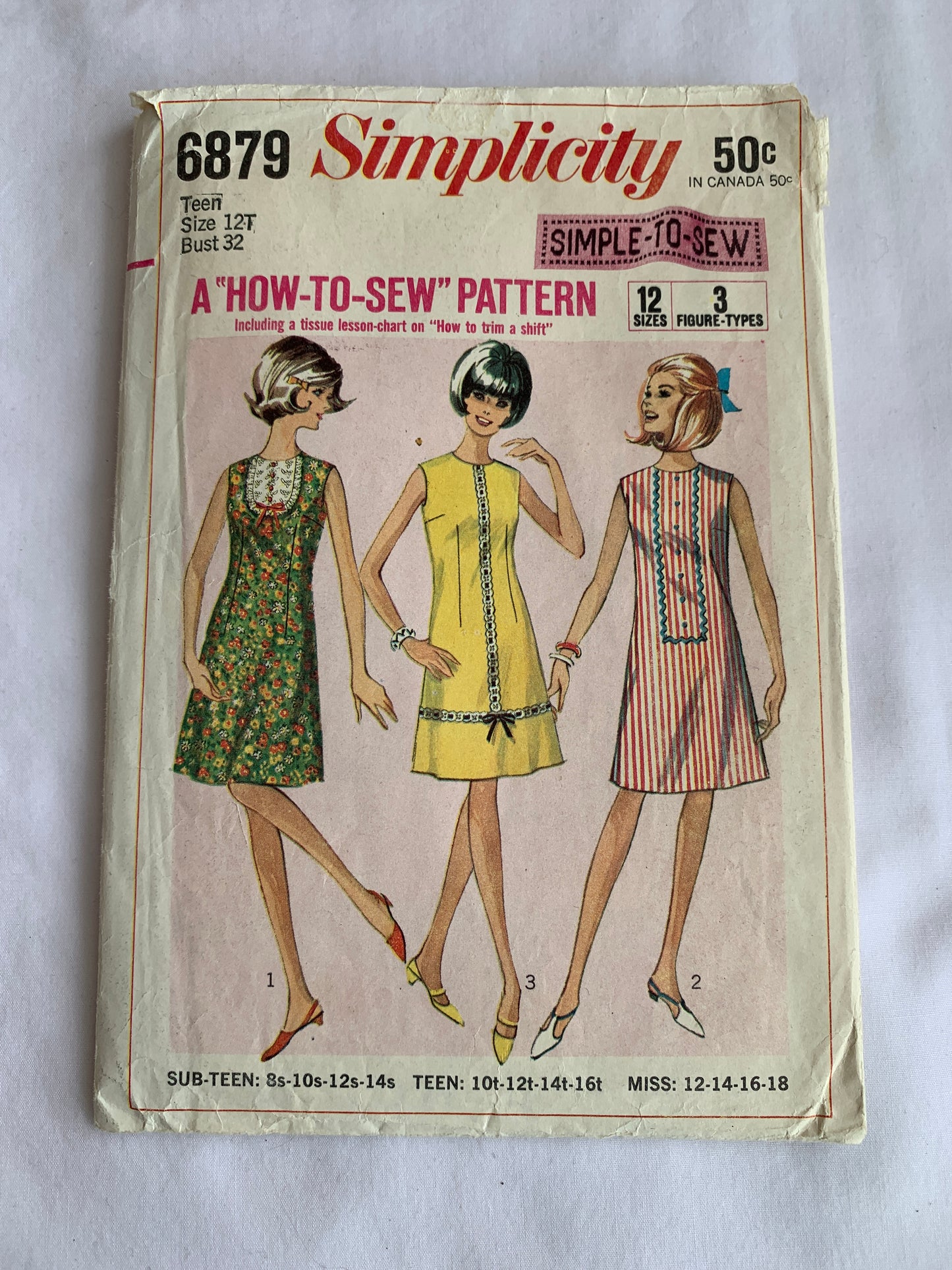 Simplicity Sewing Pattern 6879 Misses' One-Piece Dress, Zipper Back, 3 Variations, Size 12, Cut, Vintage 1966