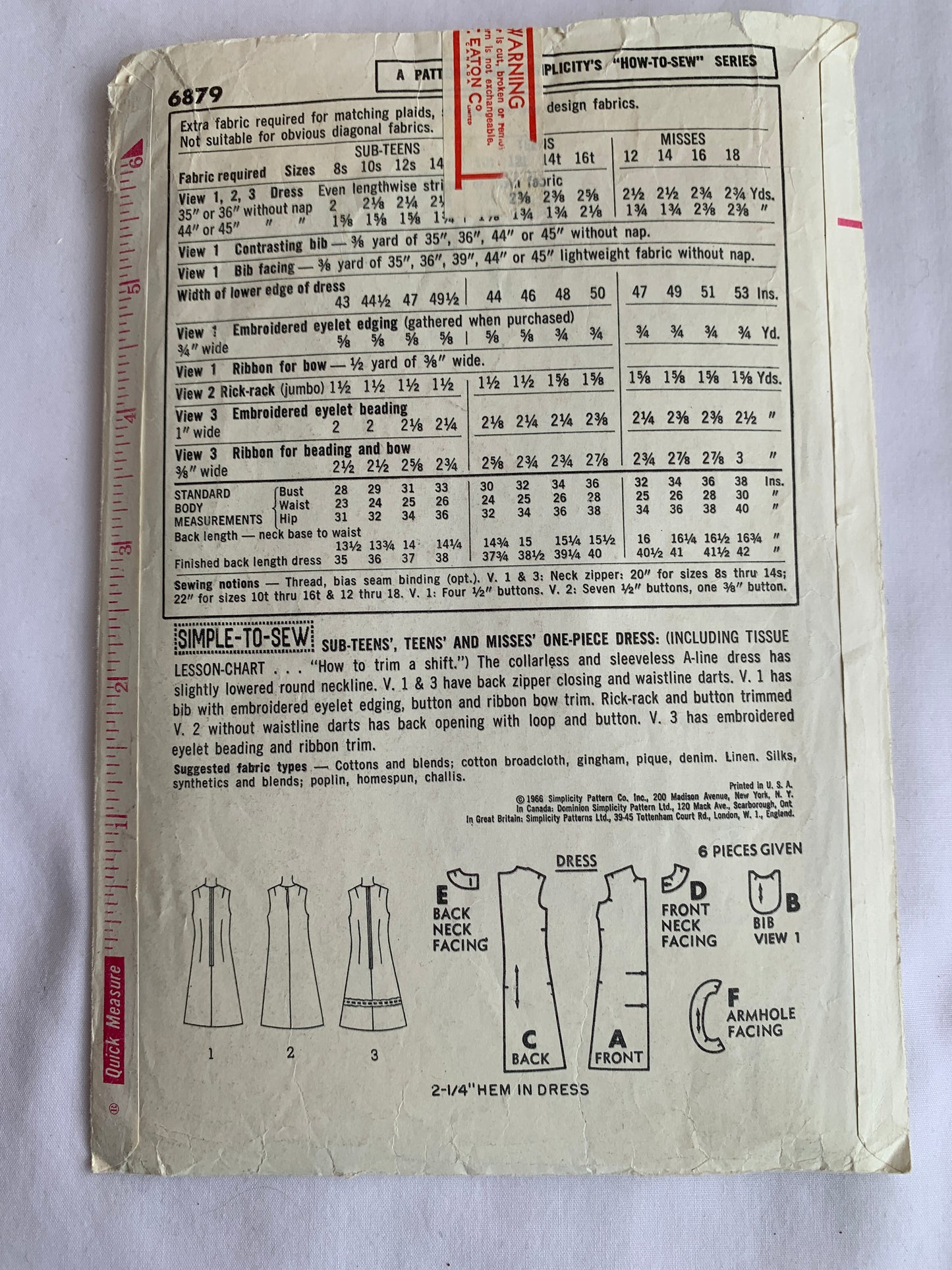 Simplicity Sewing Pattern 6879 Misses' One-Piece Dress, Zipper Back, 3 Variations, Size 12, Cut, Vintage 1966