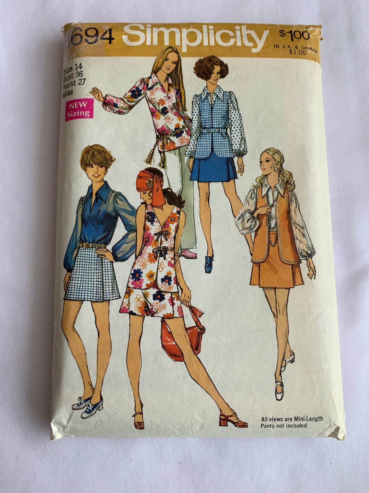 Simplicity Jiffy Sewing Pattern 86943 Misses' Lined Vest, Mini Pantskirt, Side Zipper, Sleeveless, Size 14, Vintage 1970