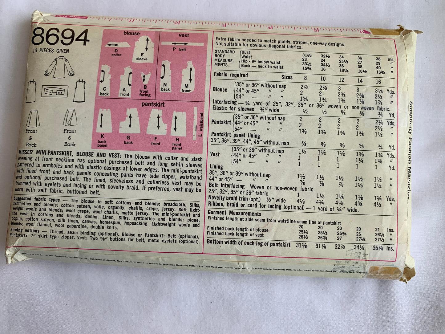 Simplicity Jiffy Sewing Pattern 86943 Misses' Lined Vest, Mini Pantskirt, Side Zipper, Sleeveless, Size 14, Vintage 1970