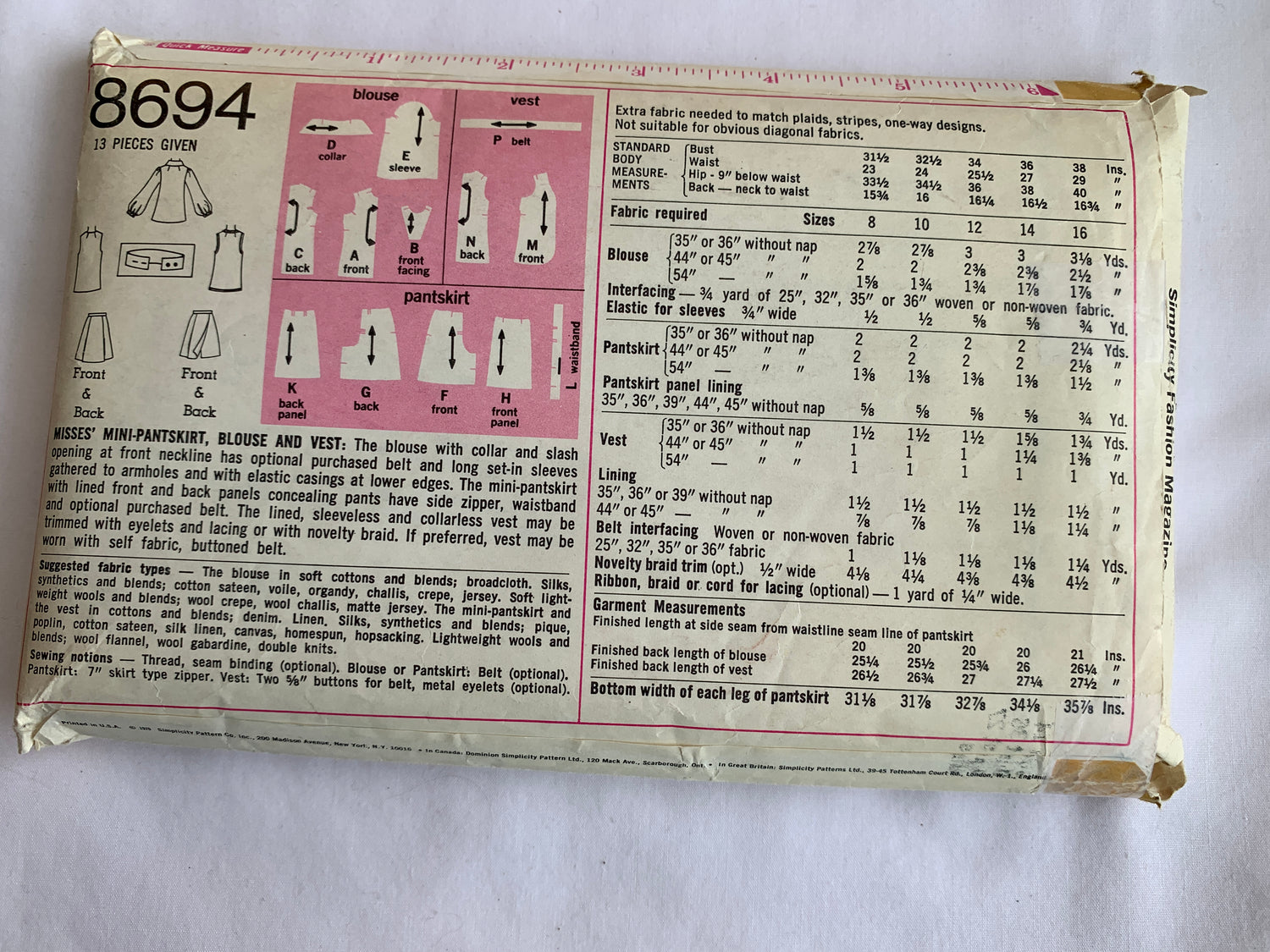 Simplicity Jiffy Sewing Pattern 86943 Misses' Lined Vest, Mini Pantskirt, Side Zipper, Sleeveless, Size 14, Vintage 1970