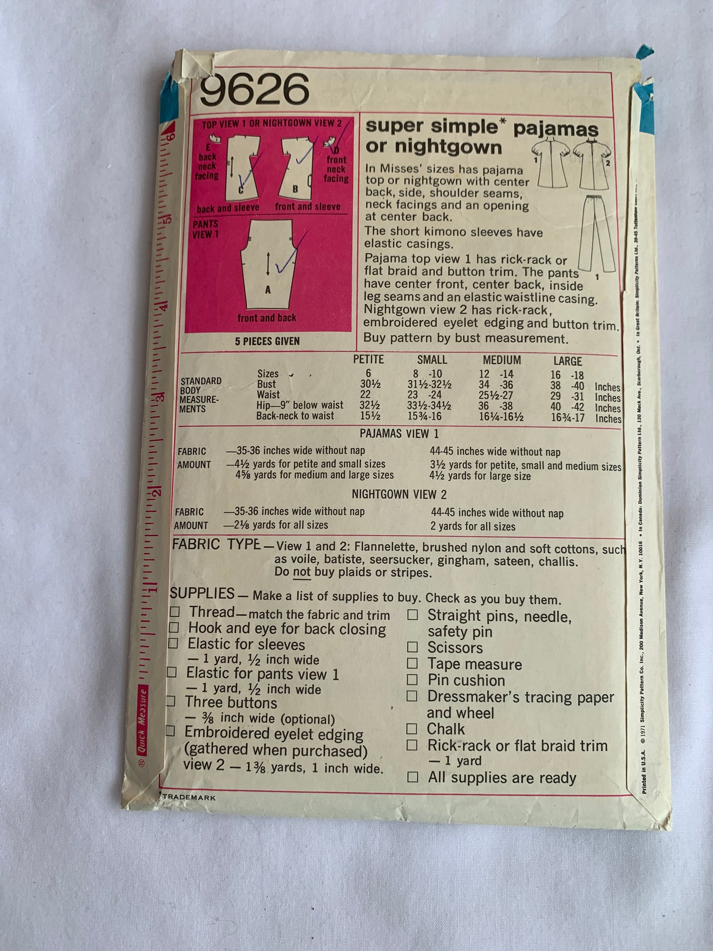 Simplicity Sewing Pattern 9626 Misses' Nightgown, Pants, Top, Pajamas, 2 Lengths, Size 8 , Cut, Vintage 1971
