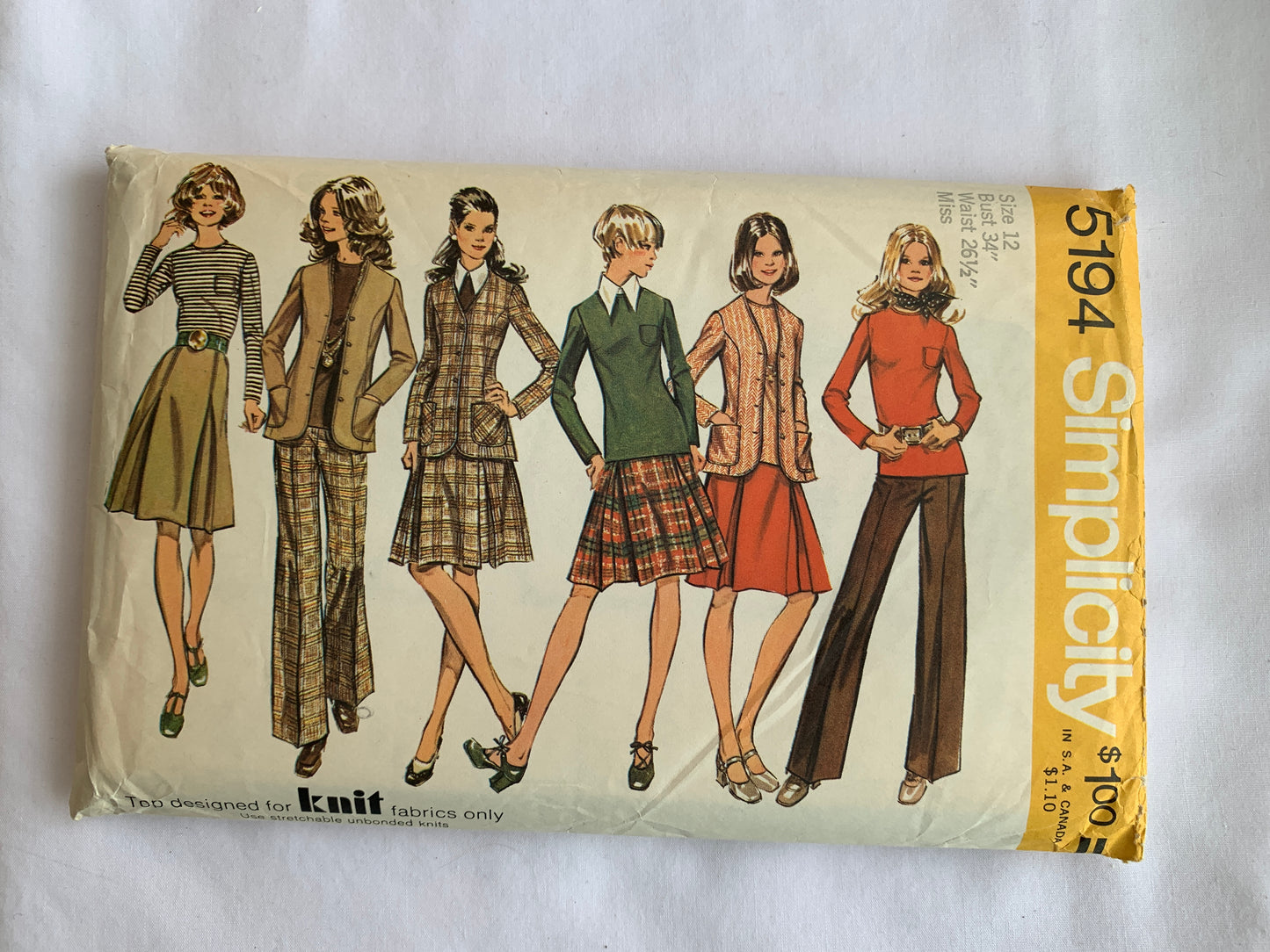 Simplicity Sewing Pattern 5194 Misses' Jacket, Top, Skirt, Pants, Princess Seams, Pockets, Zipper Back, Size 12, Cut, Vintage 1972