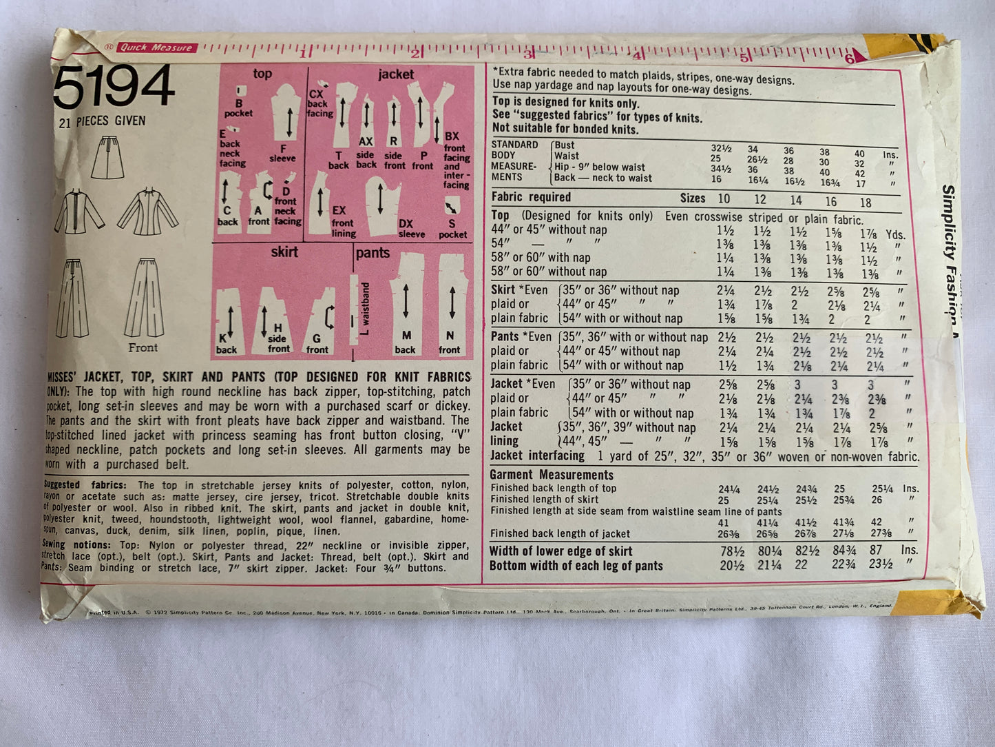Simplicity Sewing Pattern 5194 Misses' Jacket, Top, Skirt, Pants, Princess Seams, Pockets, Zipper Back, Size 12, Cut, Vintage 1972