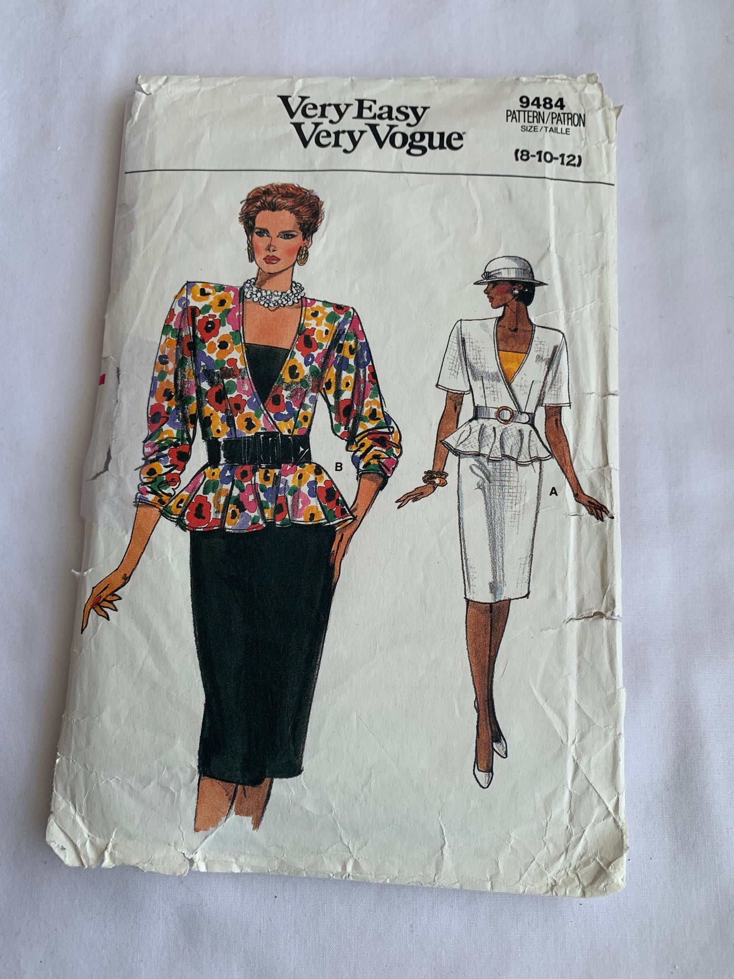 Vogue Sewing Pattern 9484 Misses' Top, Camisole, Skirt, Mock Wrap, Shoulder Pads, Side Zipper, Size 8-12, Cut, Vintage 1986