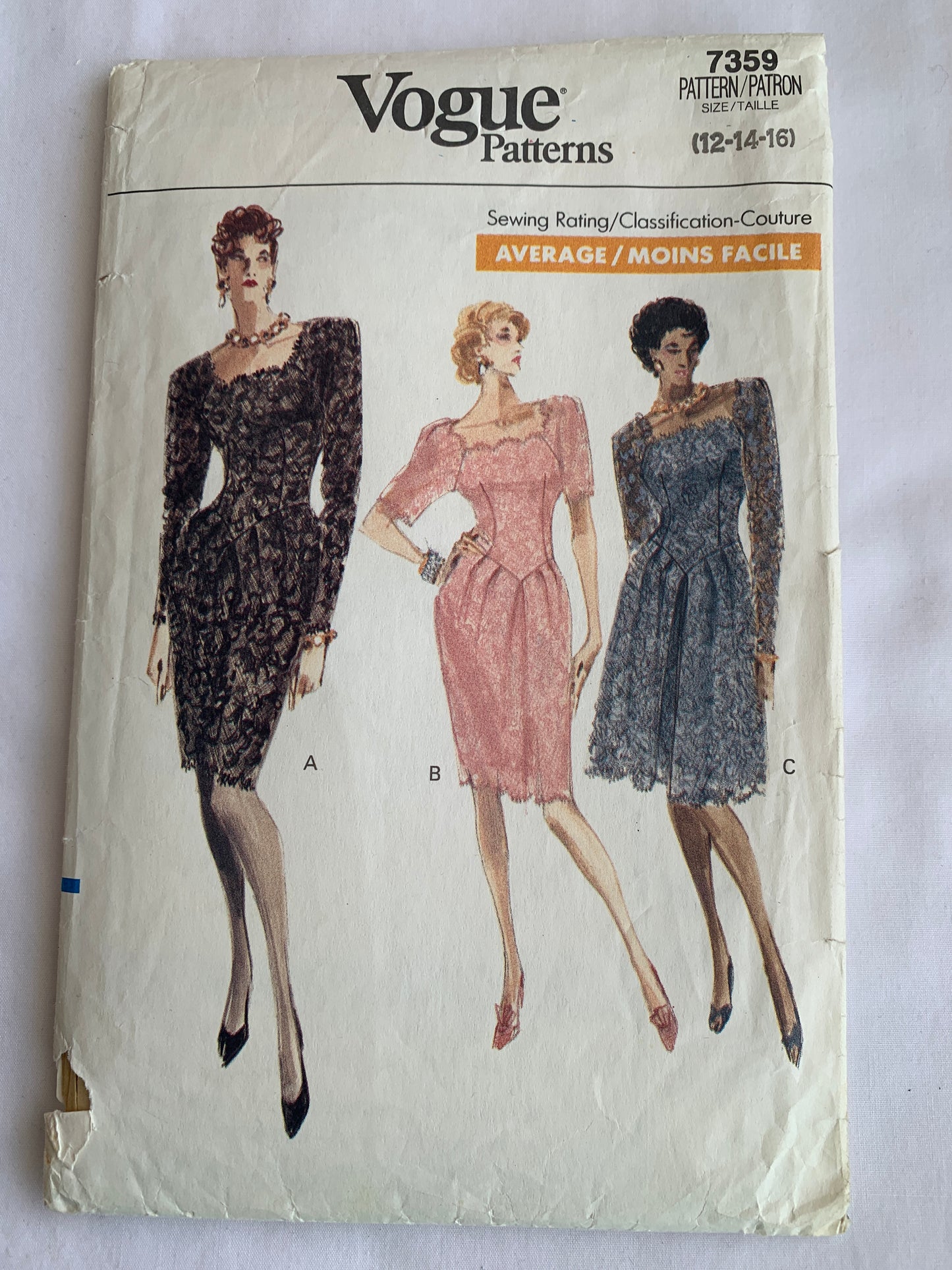 Vogue Sewing Pattern 7359 Misses'/Misses' Petite Dress, Fitted, Dropped Waist, Pleats, Zipper Back, Size 12, Cut, Vintage 1988