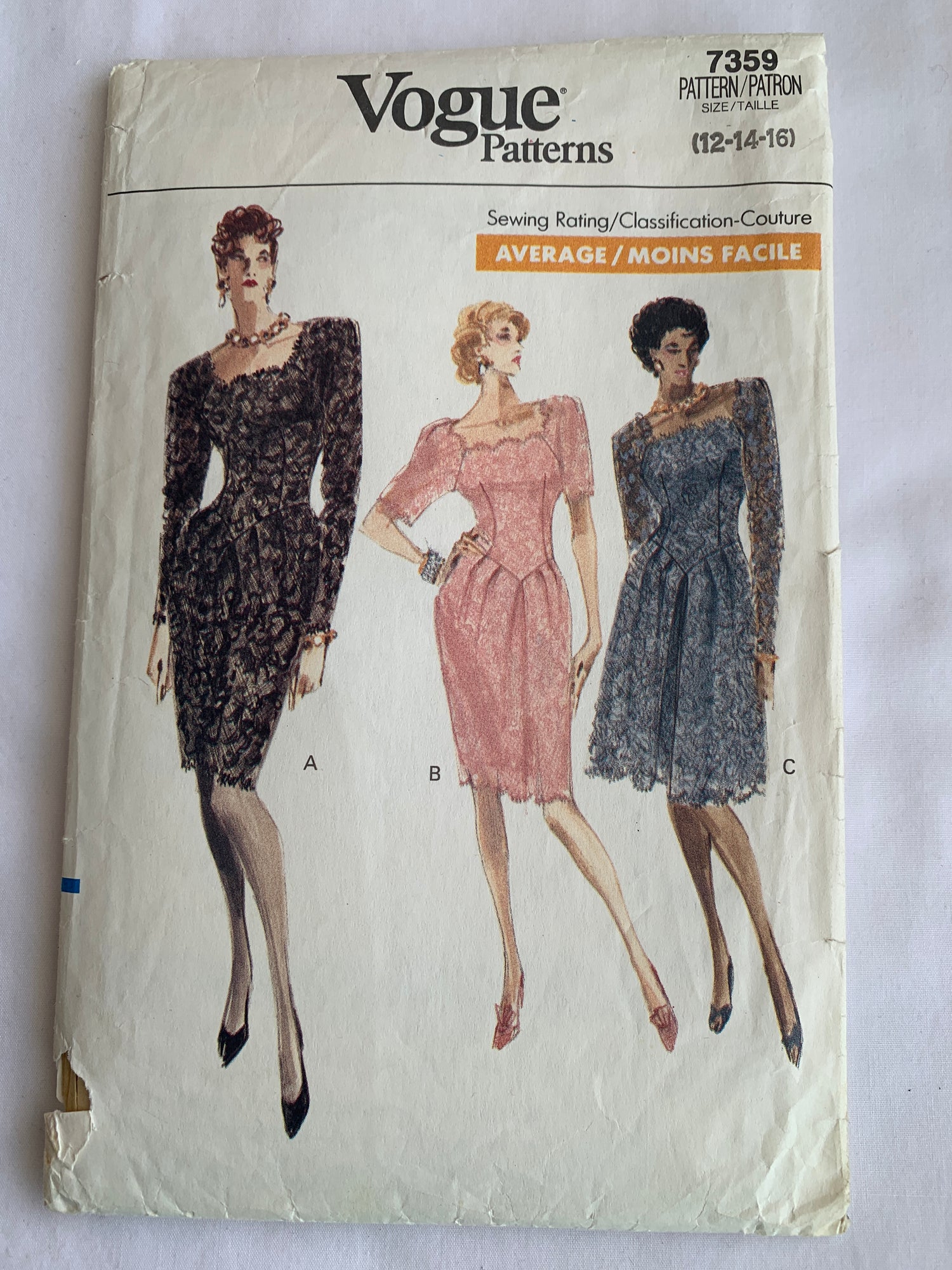 Vogue Sewing Pattern 7359 Misses'/Misses' Petite Dress, Fitted, Dropped Waist, Pleats, Zipper Back, Size 12, Cut, Vintage 1988
