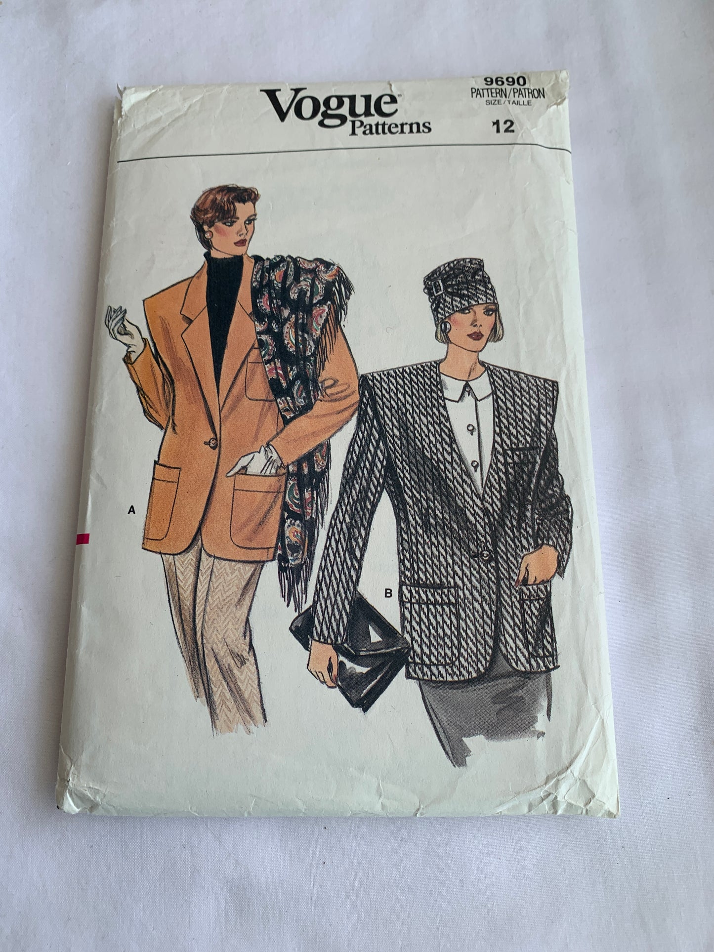 Vogue Sewing Pattern 9690 Misses' Jacket, Loose-Fitting, Shoulder Pads, Collar Pockets, Size 12, Cut, Vintage 1986