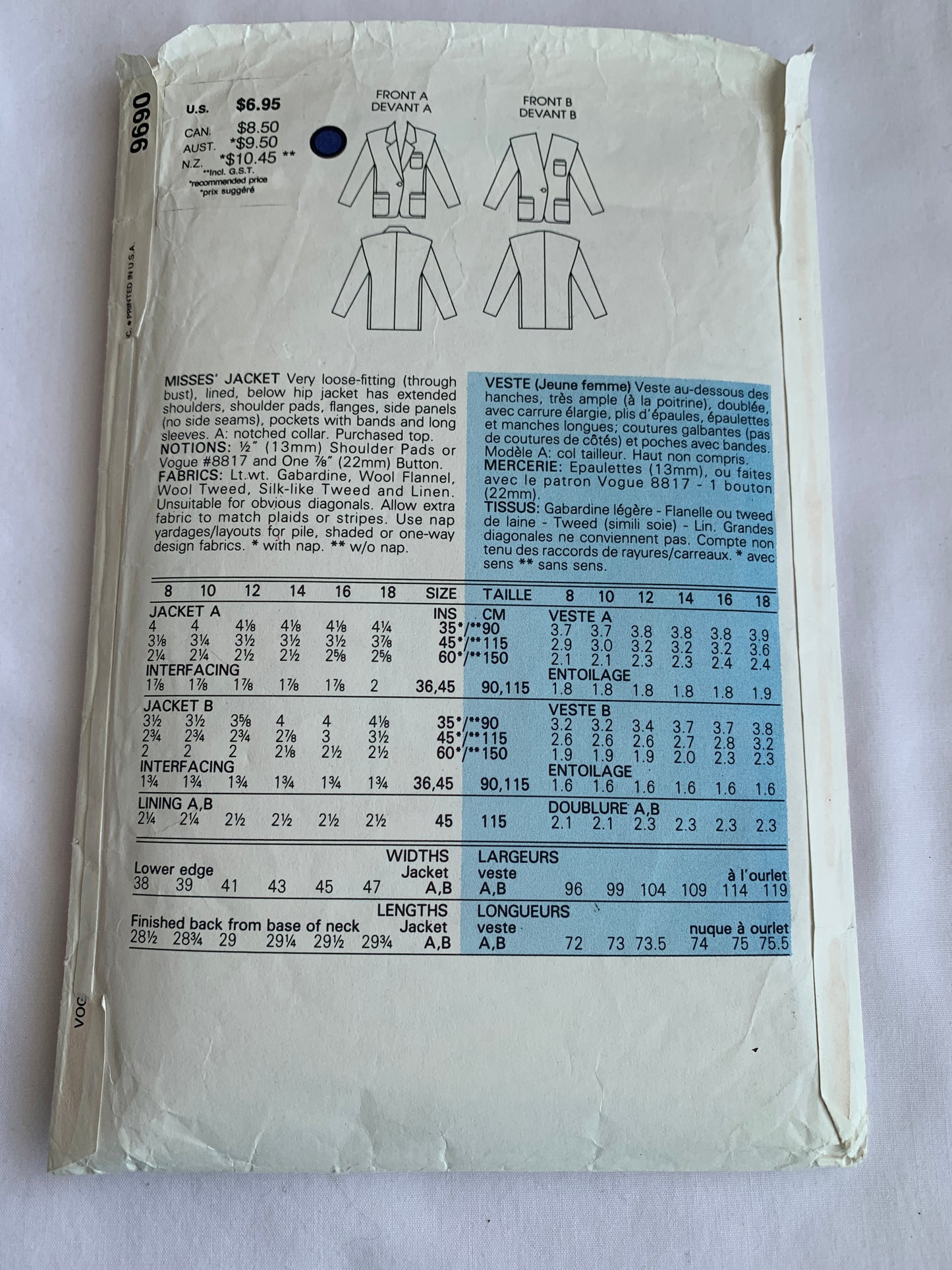 Vogue Sewing Pattern 9690 Misses' Jacket, Loose-Fitting, Shoulder Pads, Collar Pockets, Size 12, Cut, Vintage 1986