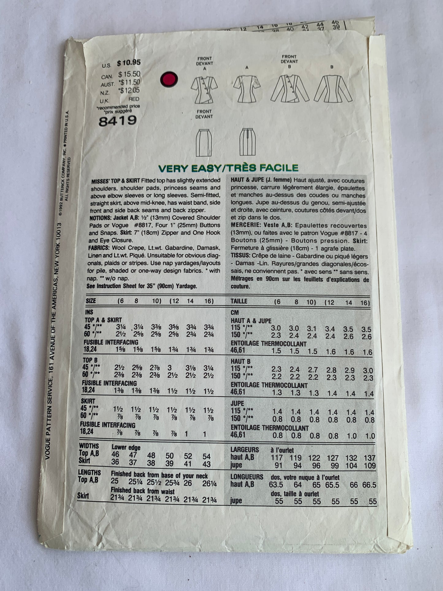 Vogue Sewing Pattern 8419 Misses' Fitted, Shoulder Pads, Princess Seams, Back Zipper, Size 12-16, Cut, Vintage 1992