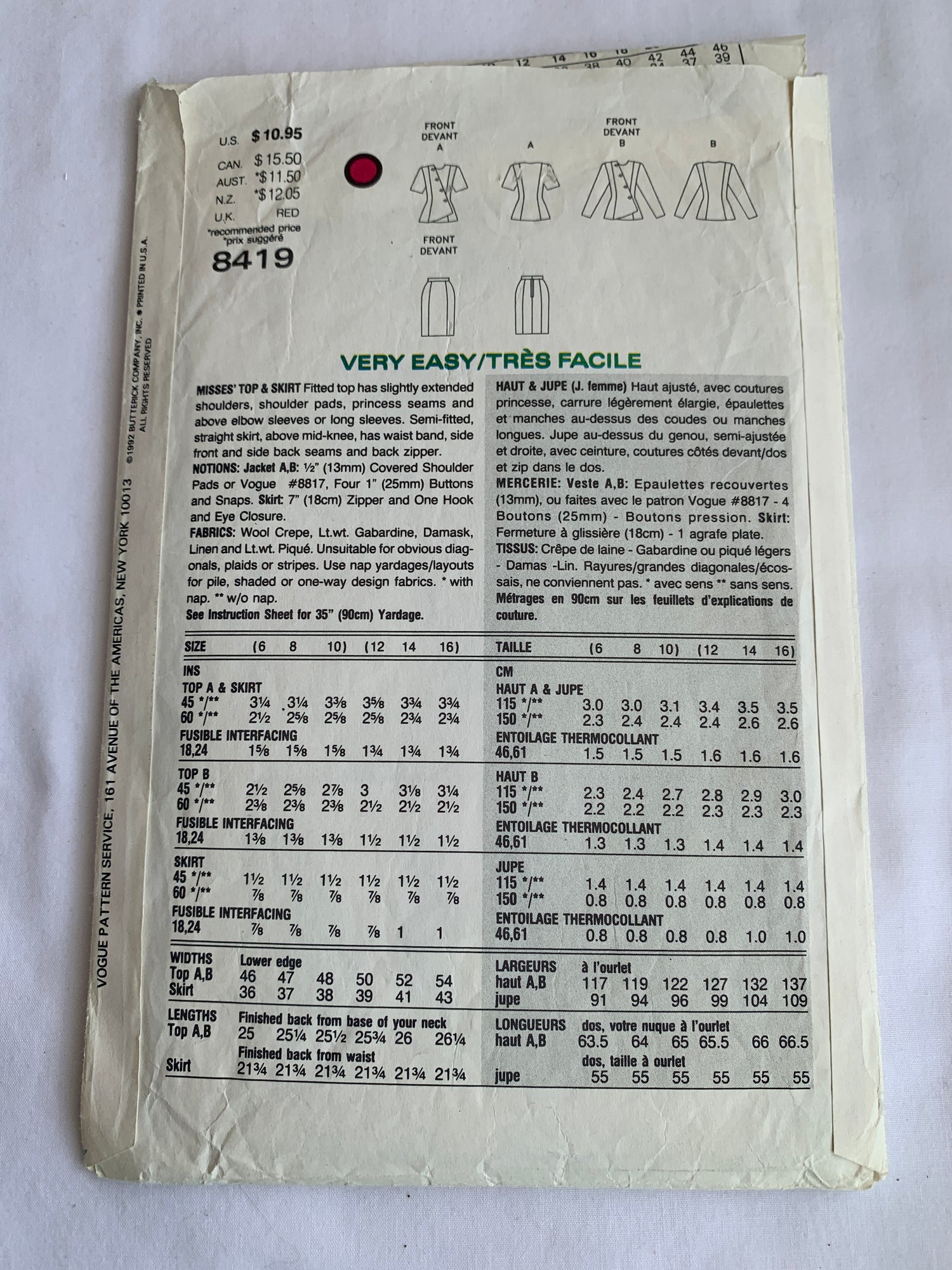 Vogue Sewing Pattern 8419 Misses' Fitted, Shoulder Pads, Princess Seams, Back Zipper, Size 12-16, Cut, Vintage 1992