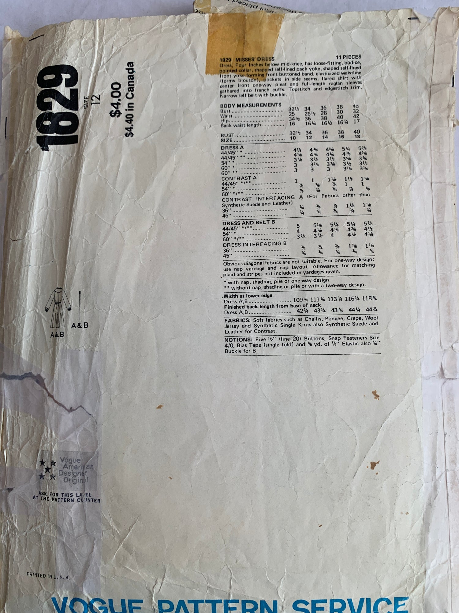 Vogue Sewing Pattern 1829 Misses' Dress, Long Sleeves, Pockets, Button Front, Size 12, Cut, Vintage 1989