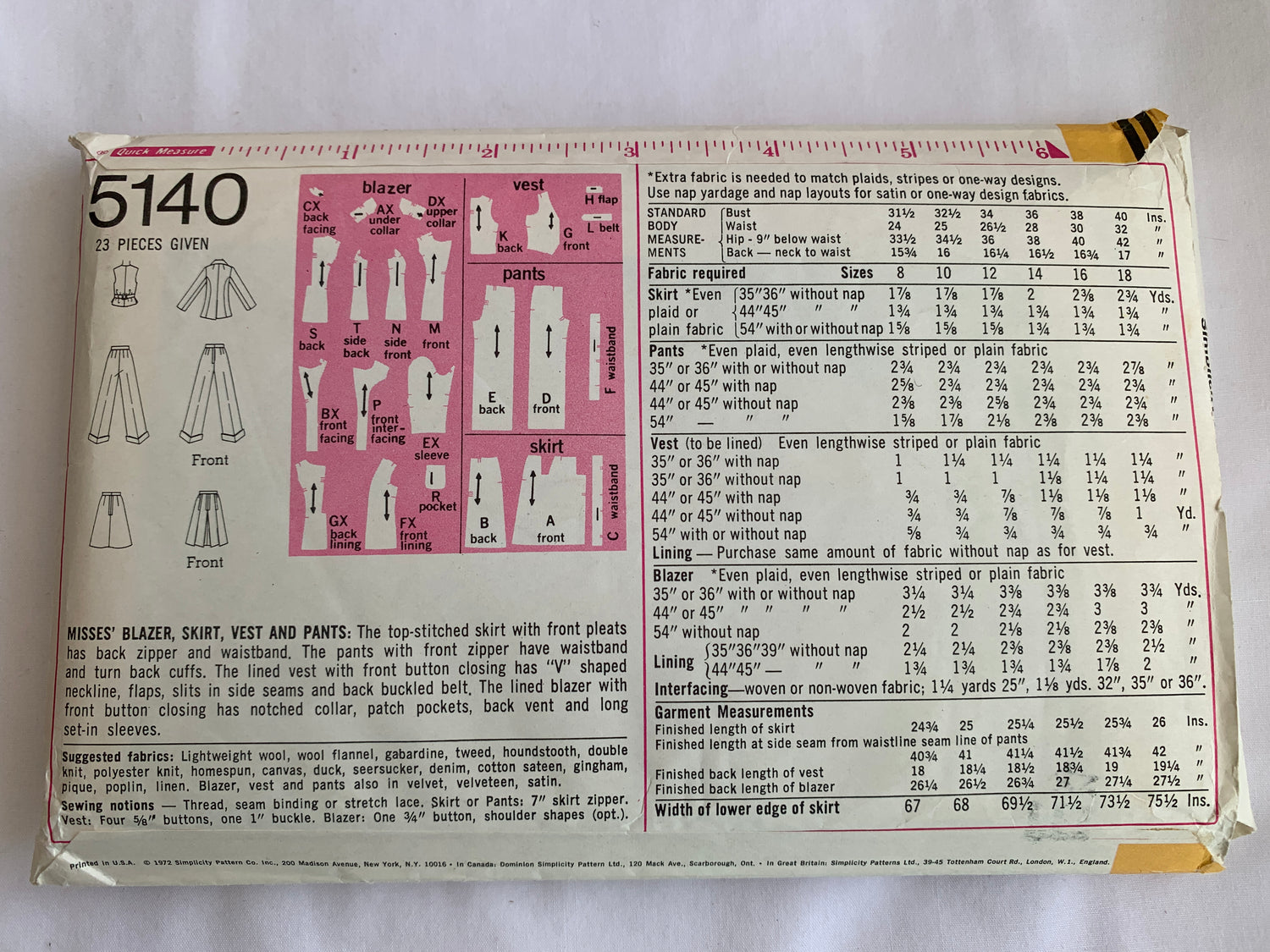Simplicity Sewing Pattern 5140 Misses' Blazer, Vest, Skirt, Pants, Zipper Front, Size 14, Uncut, Vintage 1972