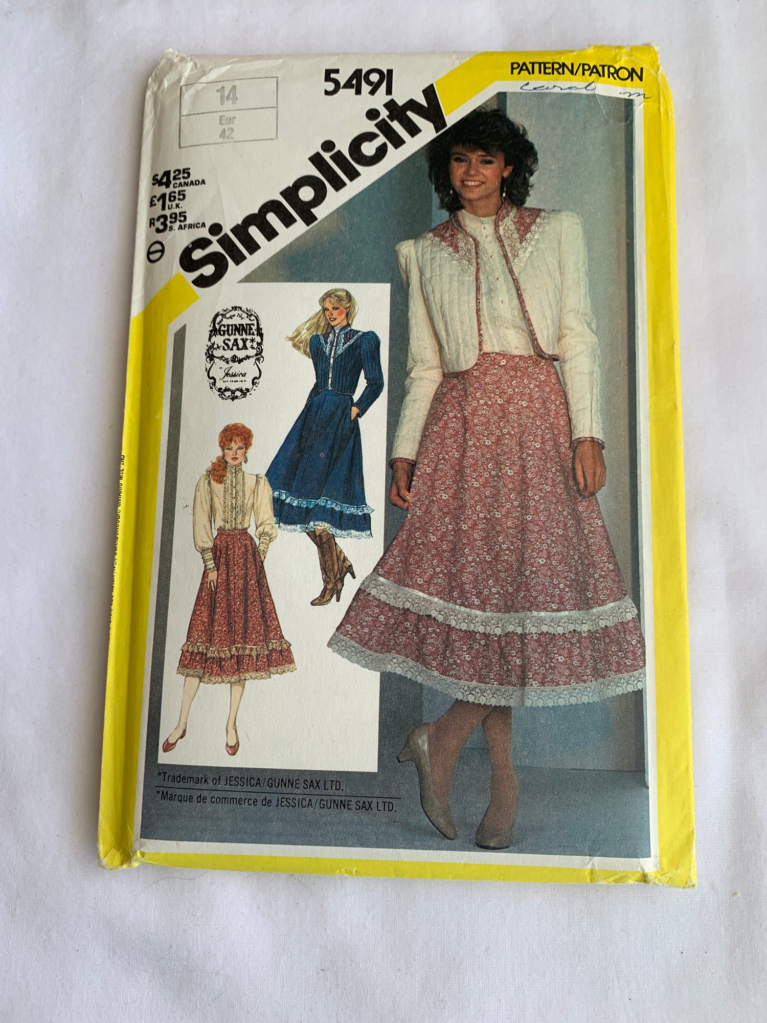 Simplicity Gunne Sax Sewing Pattern 5491 Misses' Skirt, Blouse, Unlined Quilted Jacket, Flared, Long Sleeves, Pockets, Size 14, Uncut, Vintage 1982