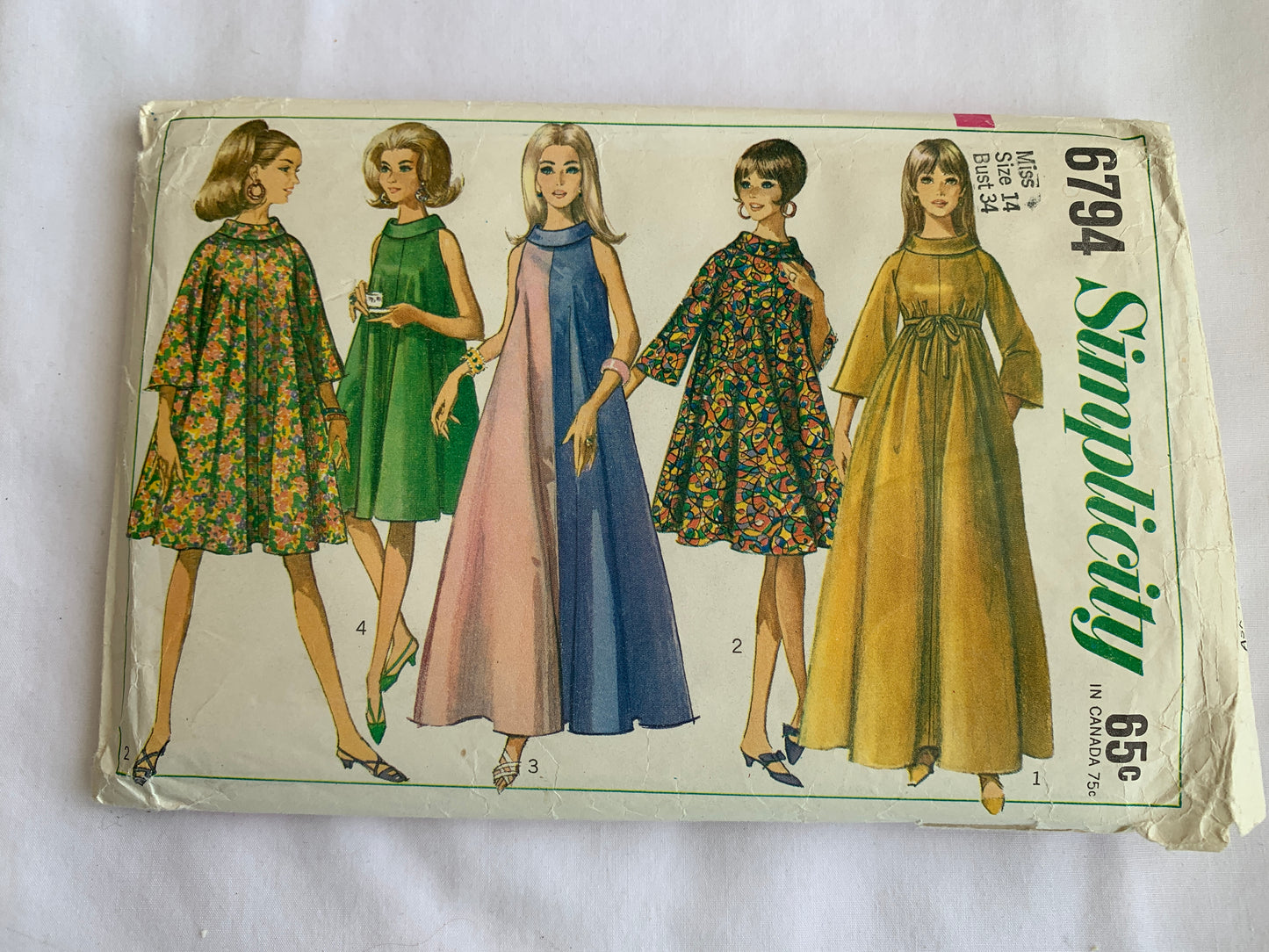 Simplicity Sewing Pattern 6794 Misses' Dress, Two Lengths, Long Sleeves, Sleeveless, Zipper Back, Pockets, Size 14, Uncut, Vintage 1966