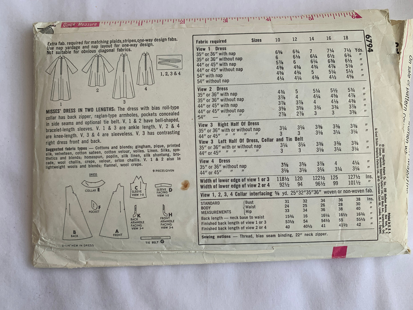 Simplicity Sewing Pattern 6794 Misses' Dress, Two Lengths, Long Sleeves, Sleeveless, Zipper Back, Pockets, Size 14, Uncut, Vintage 1966