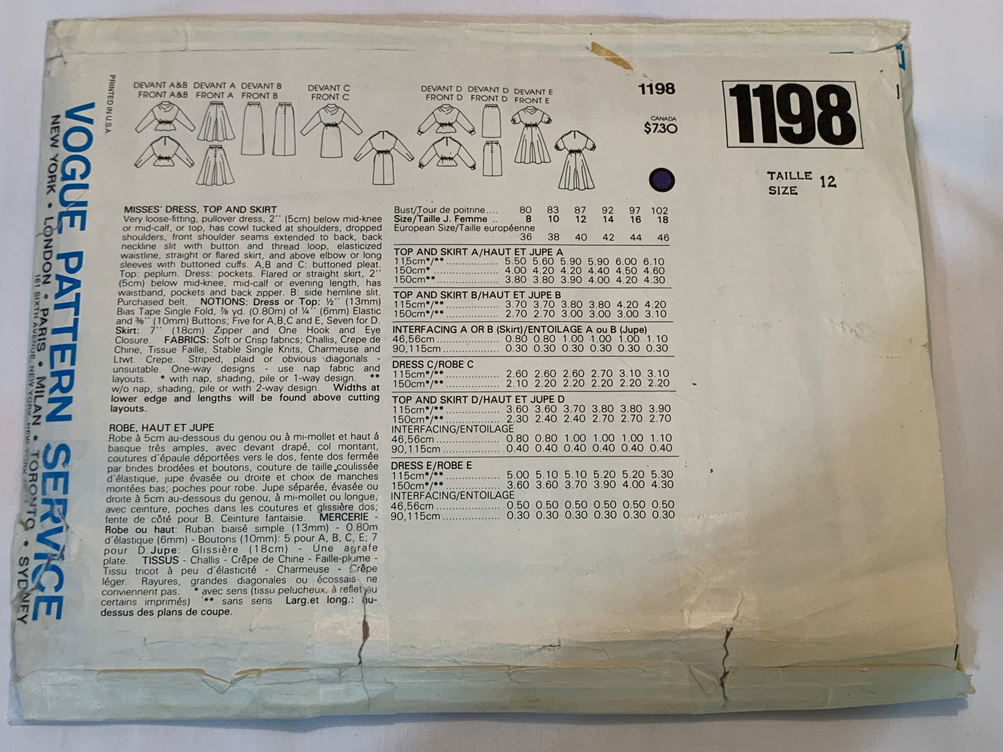 Vogue Sewing Pattern 1198 Misses' Top, Skirt, Dress, Loose-Fitting, Pockets, Loose-Fitting, Size 12, Cut, Vintage 1980