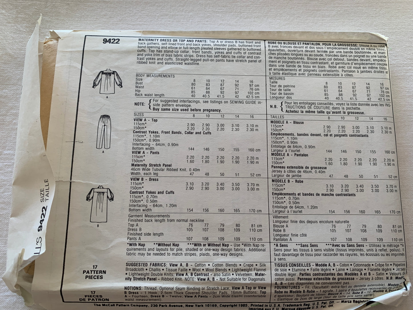 McCall's Sewing Pattern Linda Evans 9422 Misses' Maternity Dress, Button Front. Top, Pants, Long Sleeves, Elastic Waist, Size 16, Uncut, Vintage 1985
