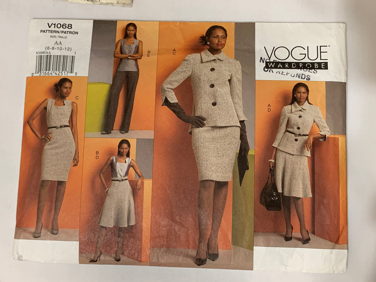 Vogue Sewing Pattern V1068 Misses'/Misses' Petite Jacket, Top, Skirt, Dress, Pants, Button Front, Pockets, Princess Seams, Size 6-12, Cut, 2008