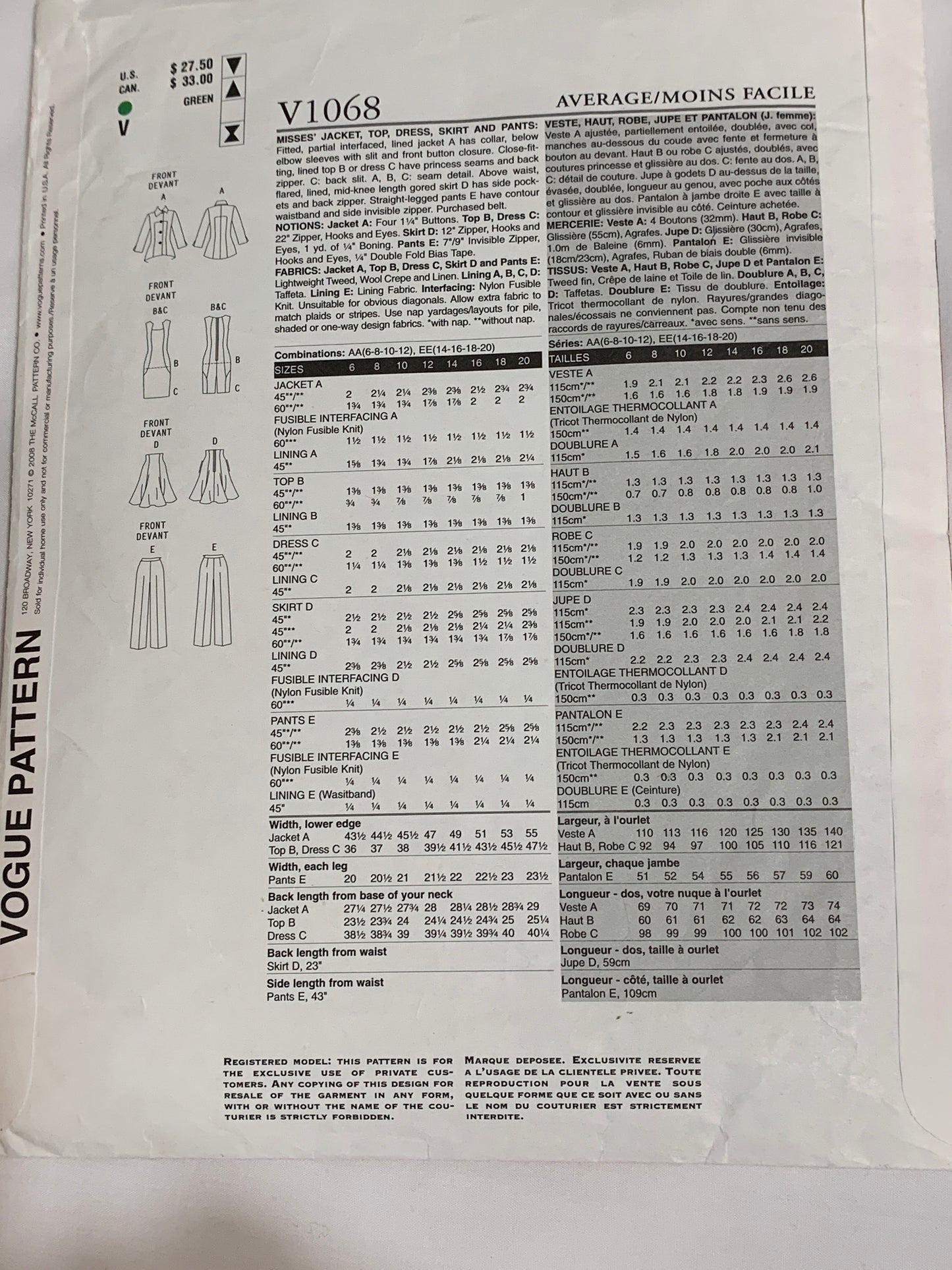 Vogue Sewing Pattern V1068 Misses'/Misses' Petite Jacket, Top, Skirt, Dress, Pants, Button Front, Pockets, Princess Seams, Size 6-12, Cut, 2008