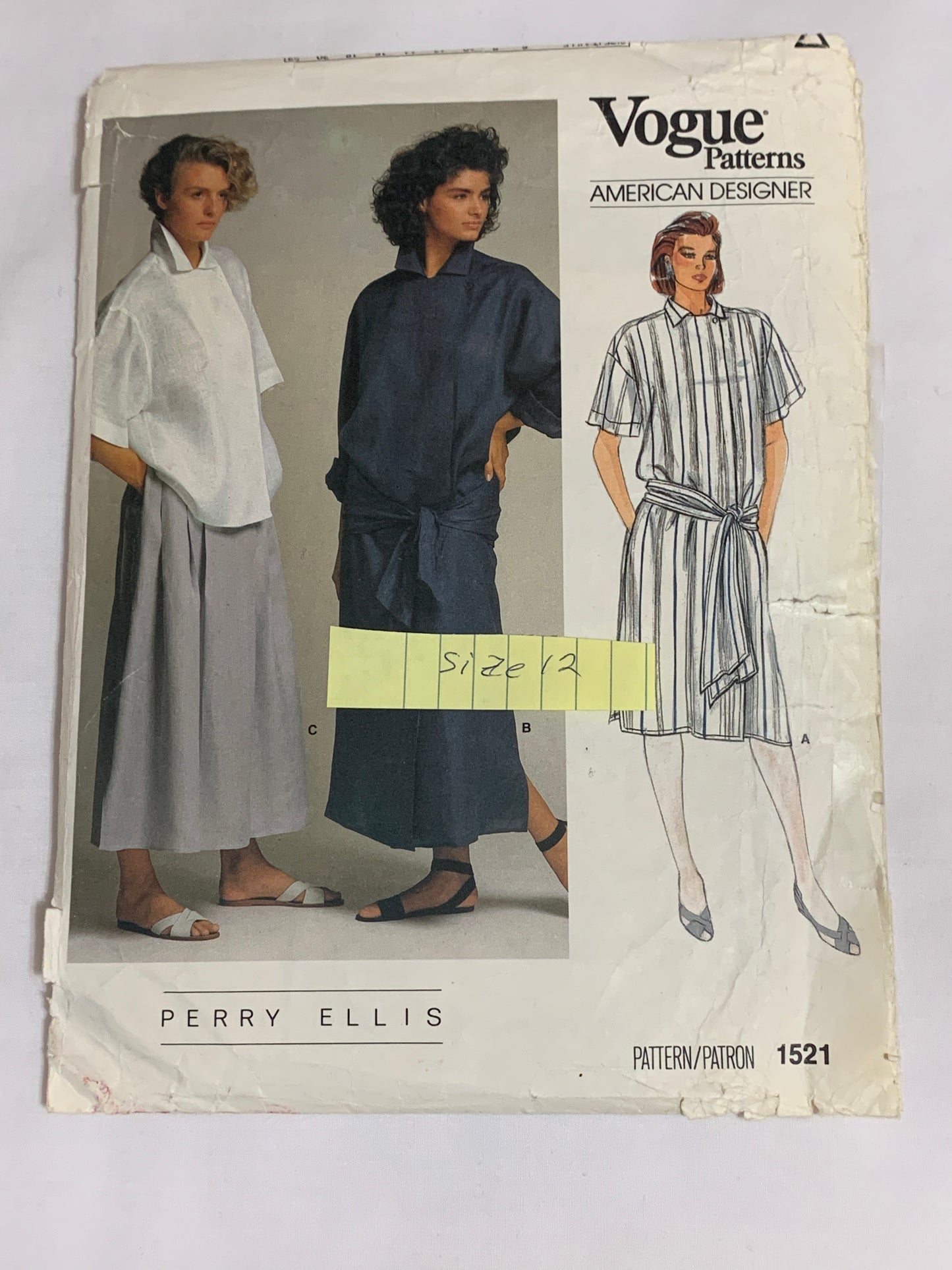 Vogue Perry Ellis Sewing Pattern 1521 Misses' Top, Skirt, Wrap-Dress, Loose-Fitting, Tie Belt, Pockets, Size 12, Cut, Vintage 1985