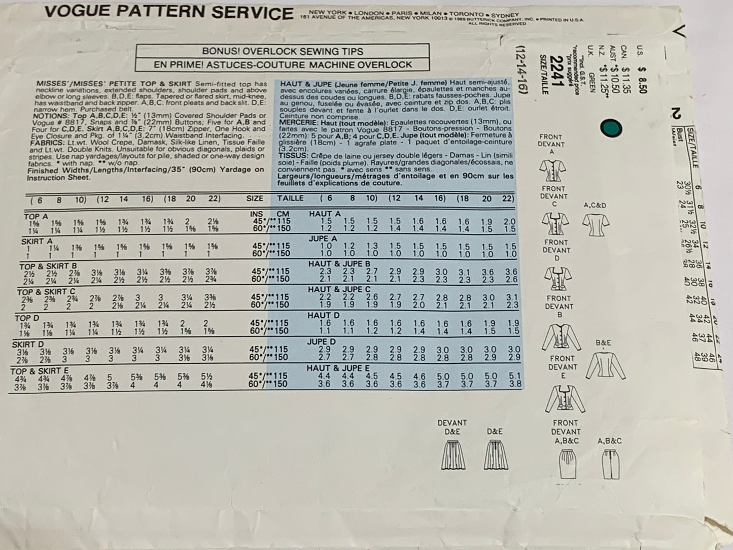 Vogue Sewing Pattern 2241 Misses'/Misses' Petite Top, Skirt, Semi-Fitted, Flared, Zipper Back, Button Front, Size 12, Cut, Vintage 1989