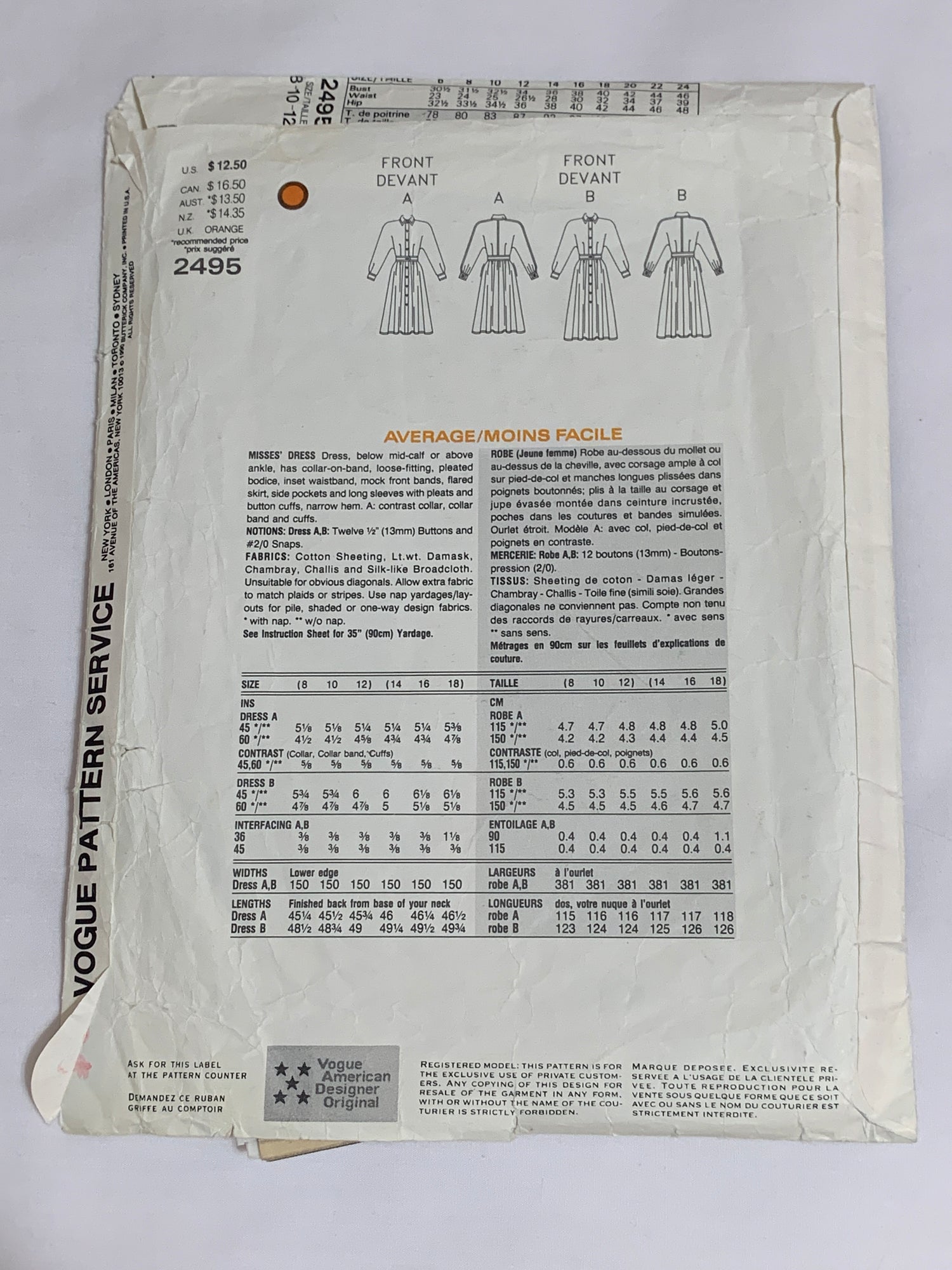 Vogue Sewing Pattern Isaac Mizrahi V7872 Misses' Dress, Loose-Fitting, Two Lengths, Button Front, Size 8-12, Cut, Vintage 1990