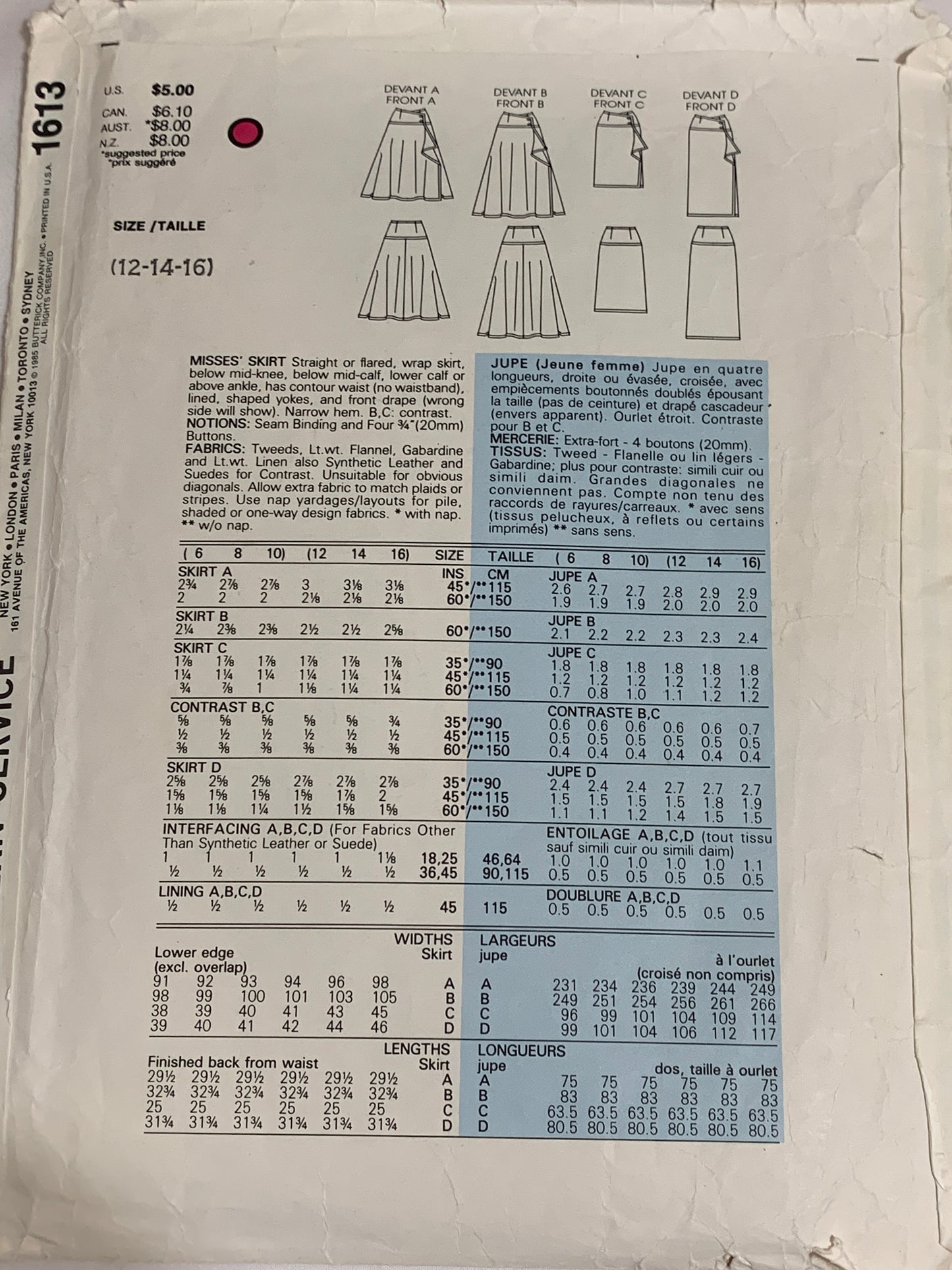 Vogue Sewing Pattern 1613 Misses' Skirts, Three Lengths, Flared, Wrap, Waistband, Size 12-16, Cut, Vintage 1985