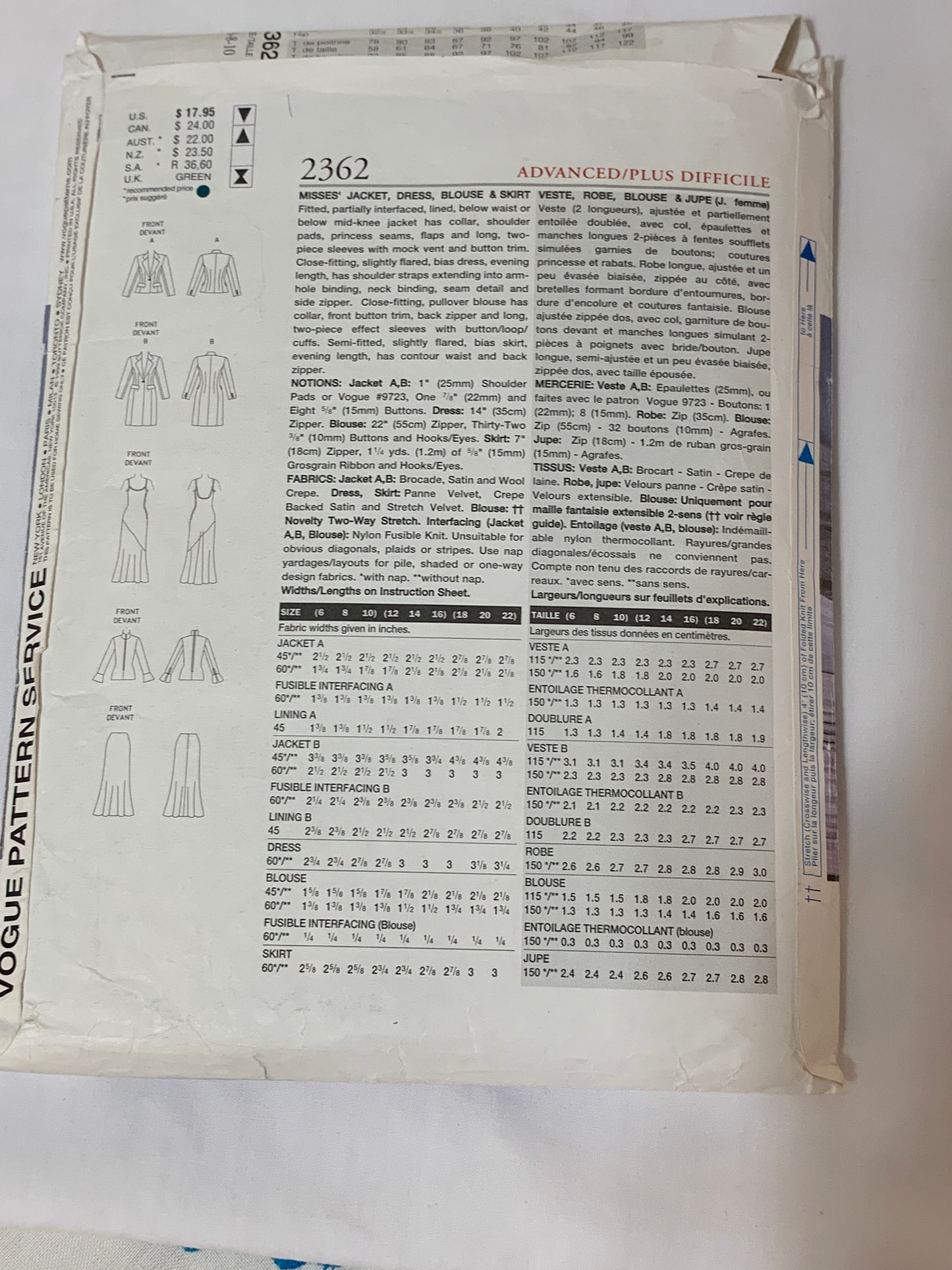 Vogue Sewing Pattern 2362 Misses' Jacket, Dress, Blouse, Skirt, Size 6-10, Cut, Vintage 1999