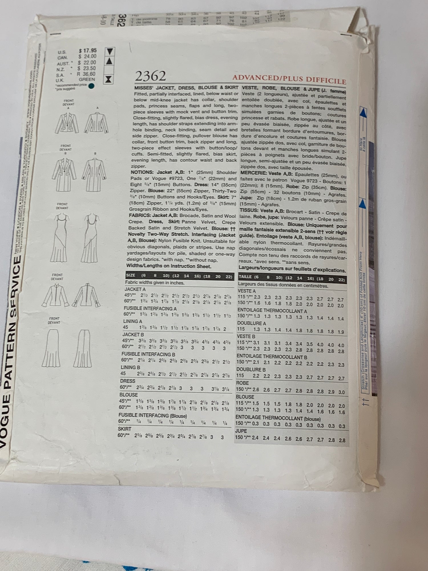 Vogue Sewing Pattern 2362 Misses' Jacket, Dress, Blouse, Skirt, Size 6-10, Cut, Vintage 1999