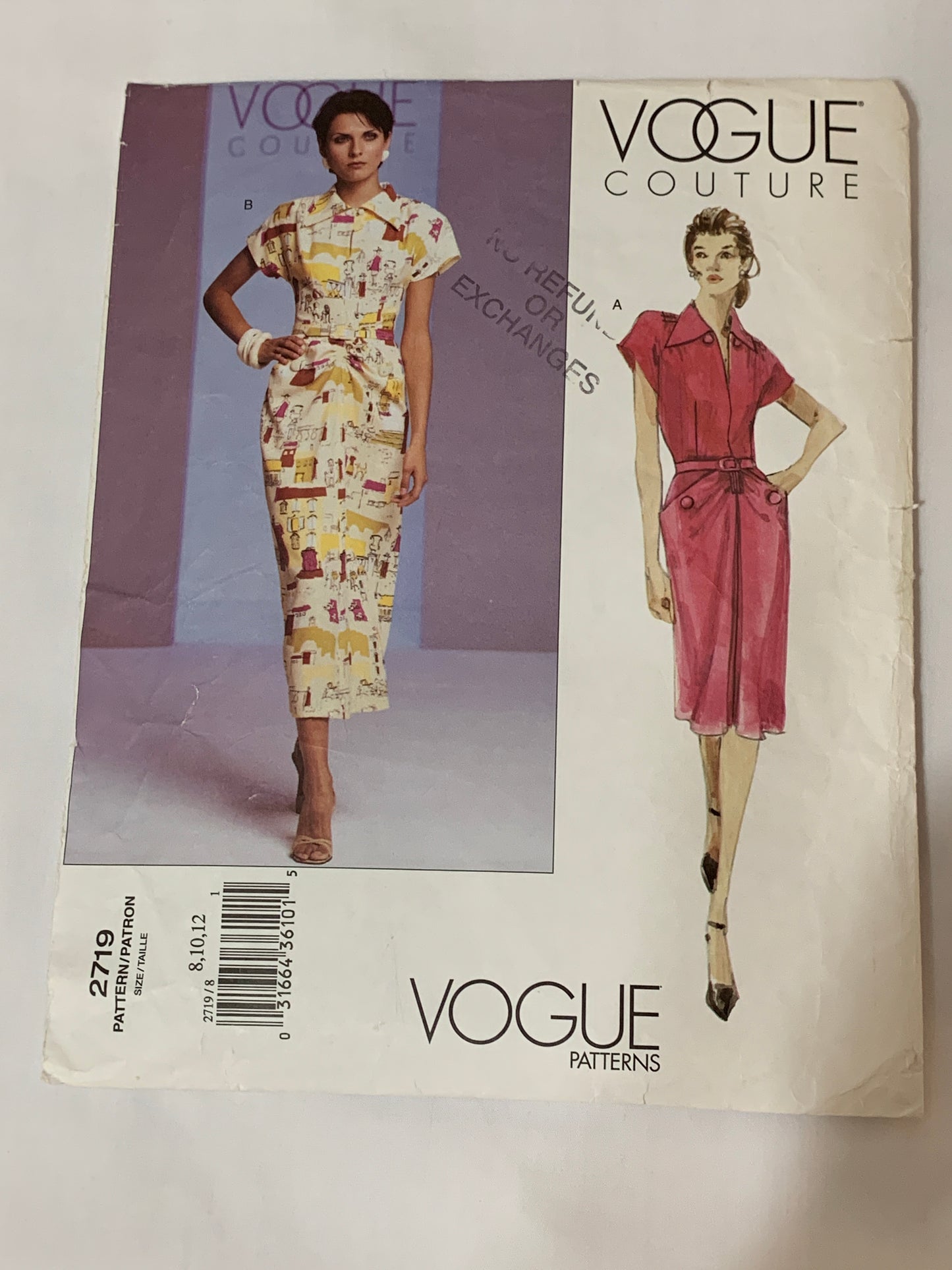 Vogue Couture Sewing Pattern 2719 Misses'/Misses' Petite Dress, Belt, A-Line, Shoulder Pads, Princess Seams, Zipper Back, Size 8-12, Cut, 2003