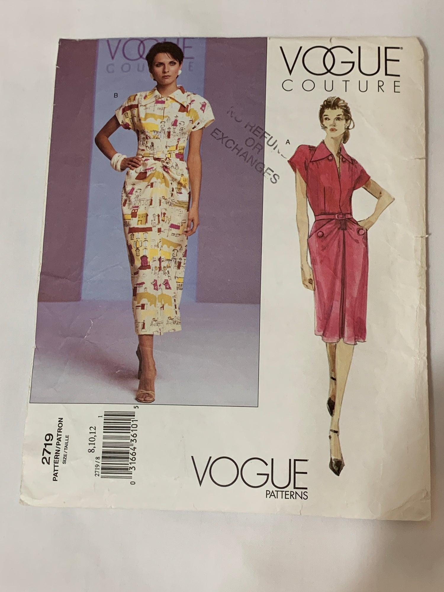 Vogue Couture Sewing Pattern 2719 Misses'/Misses' Petite Dress, Belt, A-Line, Shoulder Pads, Princess Seams, Zipper Back, Size 8-12, Cut, 2003